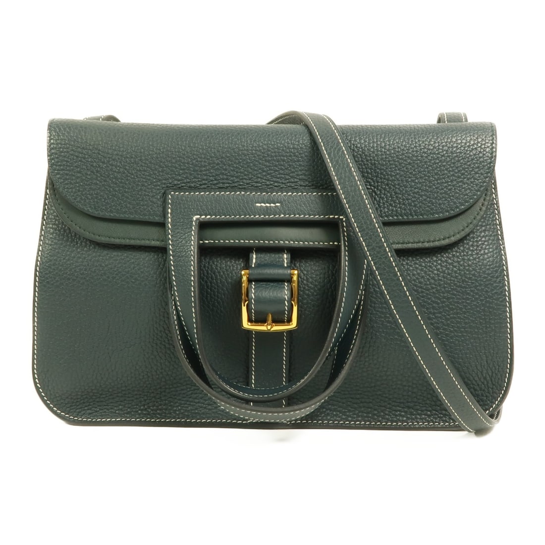 Hermes Halzan 31 green calfskin 2 way shoulder bag: Hermes Halzan 31 green calfskin 2 way shoulder bag This Hermes Halzan 31 is a versatile 2-way shoulder bag crafted from Taurillon Clemence calfskin leather in Vert Cypres green. Featuring gold tone ha