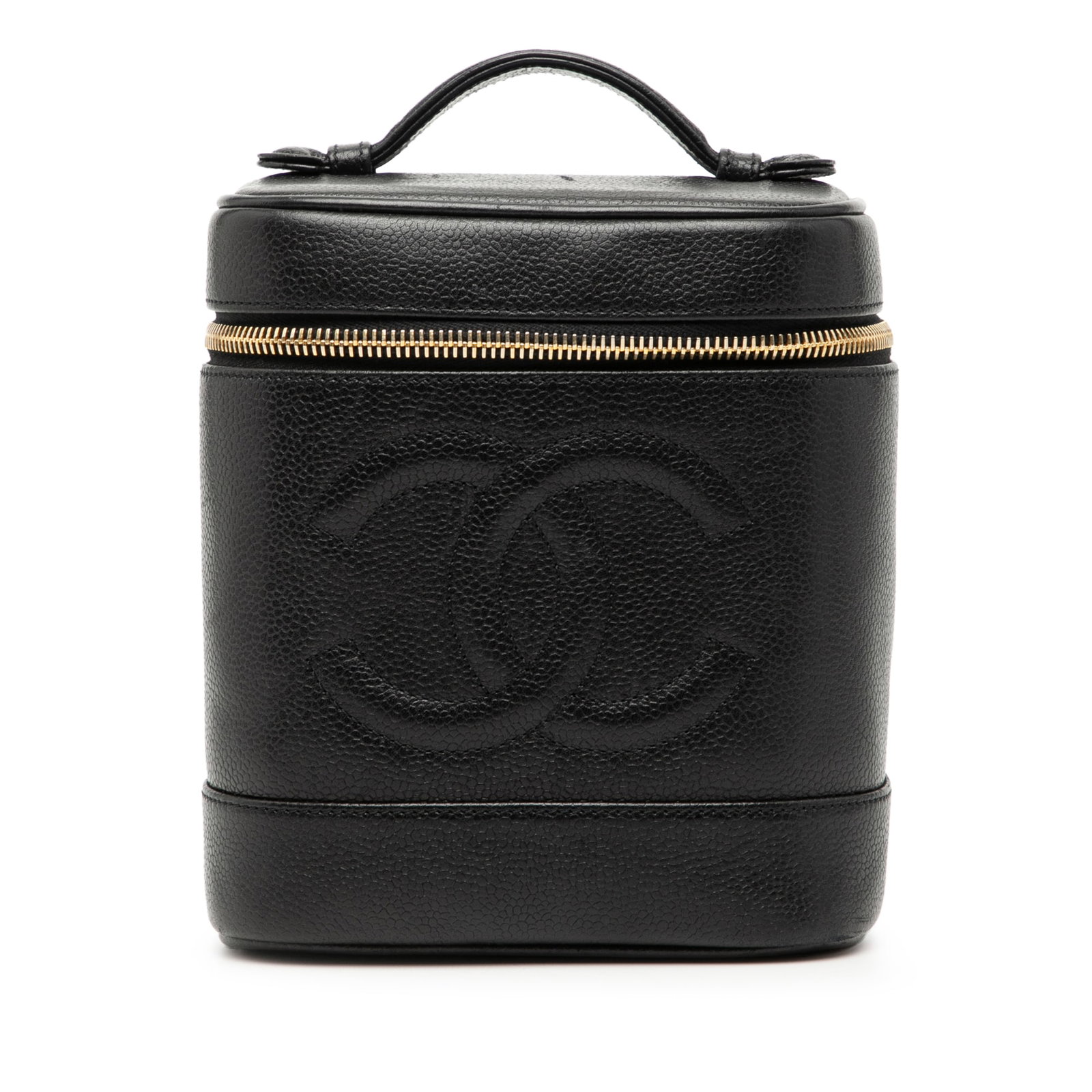 Black Caviar Leather Vanity Case by Chanel CC with Top Handle: Black Caviar Leather Vanity Case by Chanel CC with Top Handle This Chanel CC Caviar Vanity Case showcases a black caviar leather body, a flat leather top handle, a zip-around closure, and an interior 