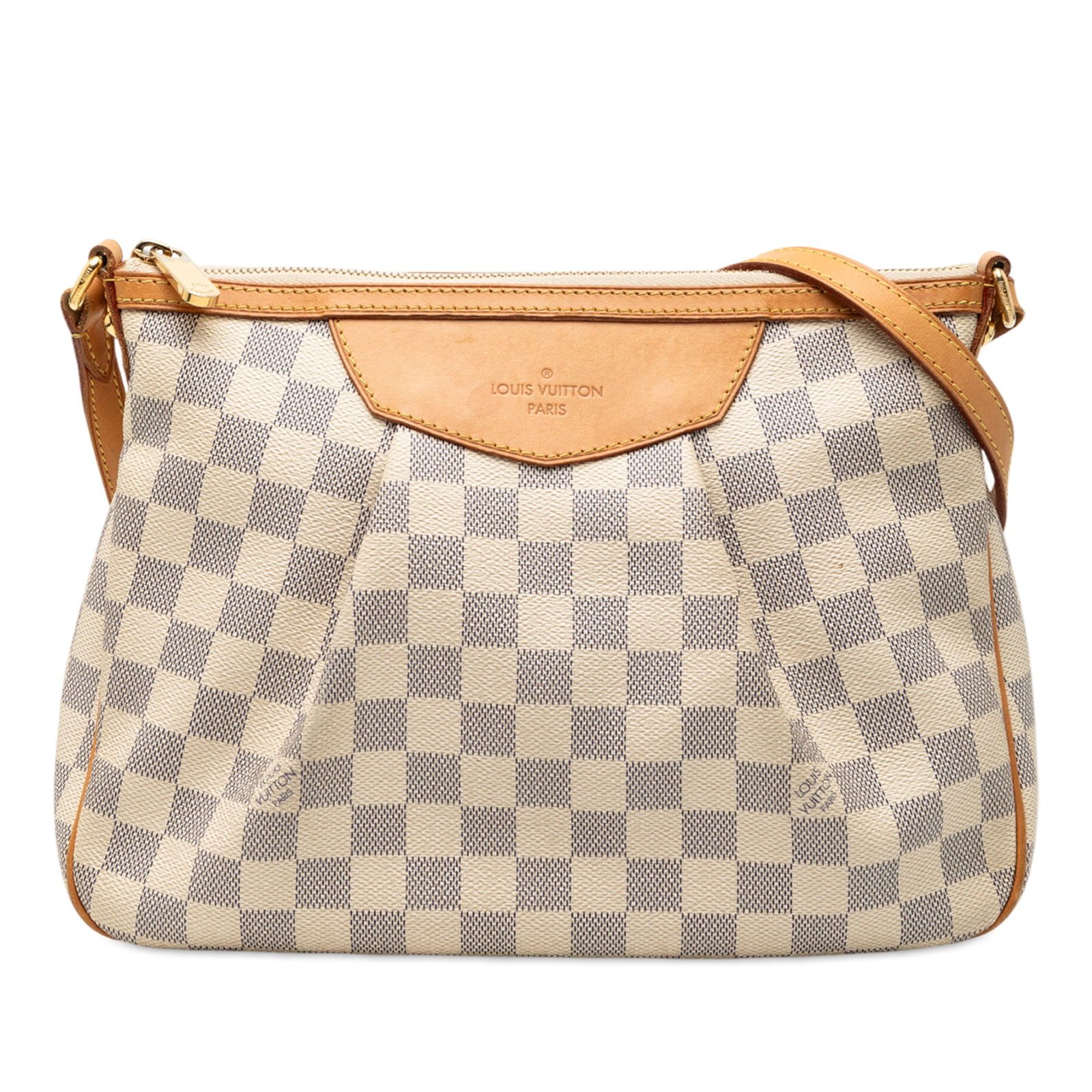 Louis Vuitton Siracusa PM Shoulder Bag in Damier Azur Canvas with Vachetta Trim: Louis Vuitton Siracusa PM Shoulder Bag in Damier Azur Canvas with Vachetta Trim This Louis Vuitton Damier Azur Siracusa PM features a damier canvas body with vachetta leather trim, a flat vachetta lea