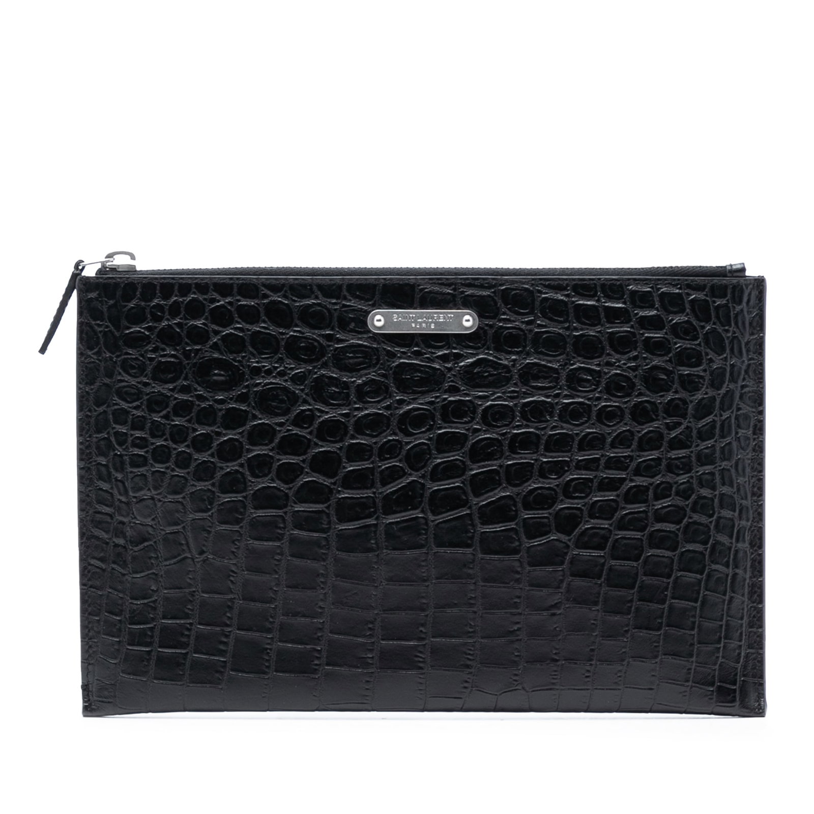 Black Croc Embossed Leather Clutch by Saint Laurent: Black Croc Embossed Leather Clutch by Saint Laurent This Saint Laurent clutch features croc-embossed leather in black, a top zip closure, and interior slip pockets. Made in Italy, it combines elegant 