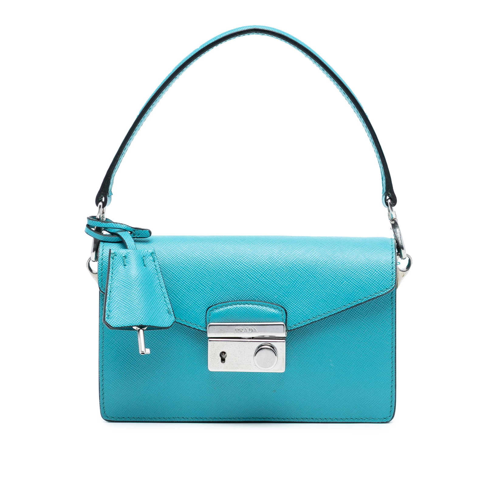 Blue Saffiano Leather Satchel by Prada Saffiano Lux Sound Lock: Blue Saffiano Leather Satchel by Prada Saffiano Lux Sound Lock This Prada Saffiano Lux Sound Lock Satchel is crafted from saffiano leather in blue. It features a detachable flat handle, an adjustable 