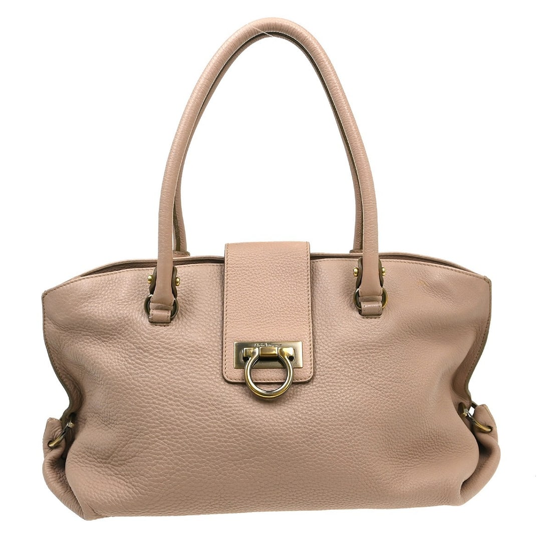 Salvatore Ferragamo Gancini Pink Leather Top Handle Bag: Salvatore Ferragamo Gancini Pink Leather Top Handle Bag This Salvatore Ferragamo Gancini handbag features a pink leather exterior and a medium-sized top handle design. The bag is accented with the ico