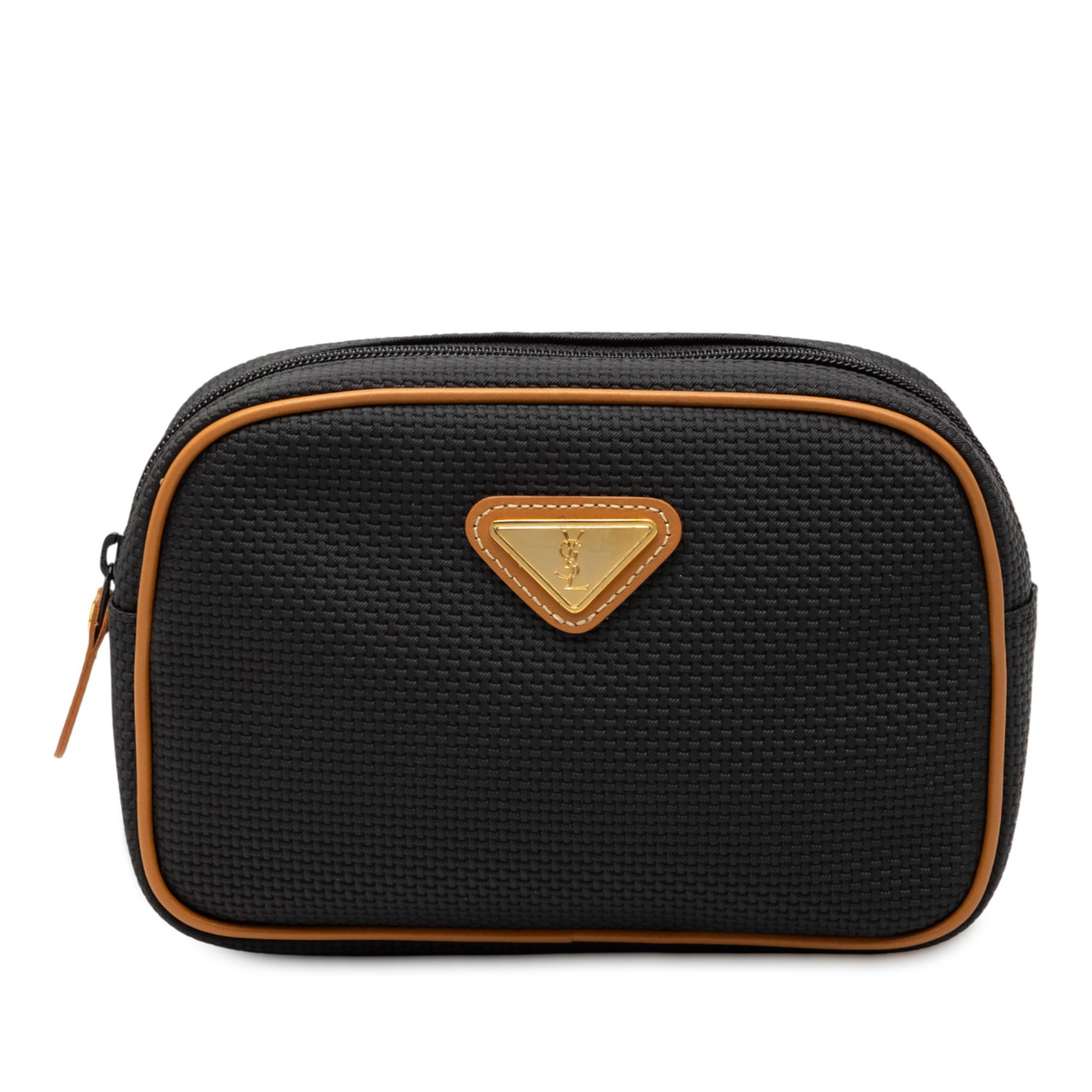 Black Coated Canvas Pouch by Saint Laurent with Zip Closure: Black Coated Canvas Pouch by Saint Laurent with Zip Closure This Saint Laurent pouch features a coated canvas exterior in black with a top zip closure. The pouch shows signs of wear on the bottom and 