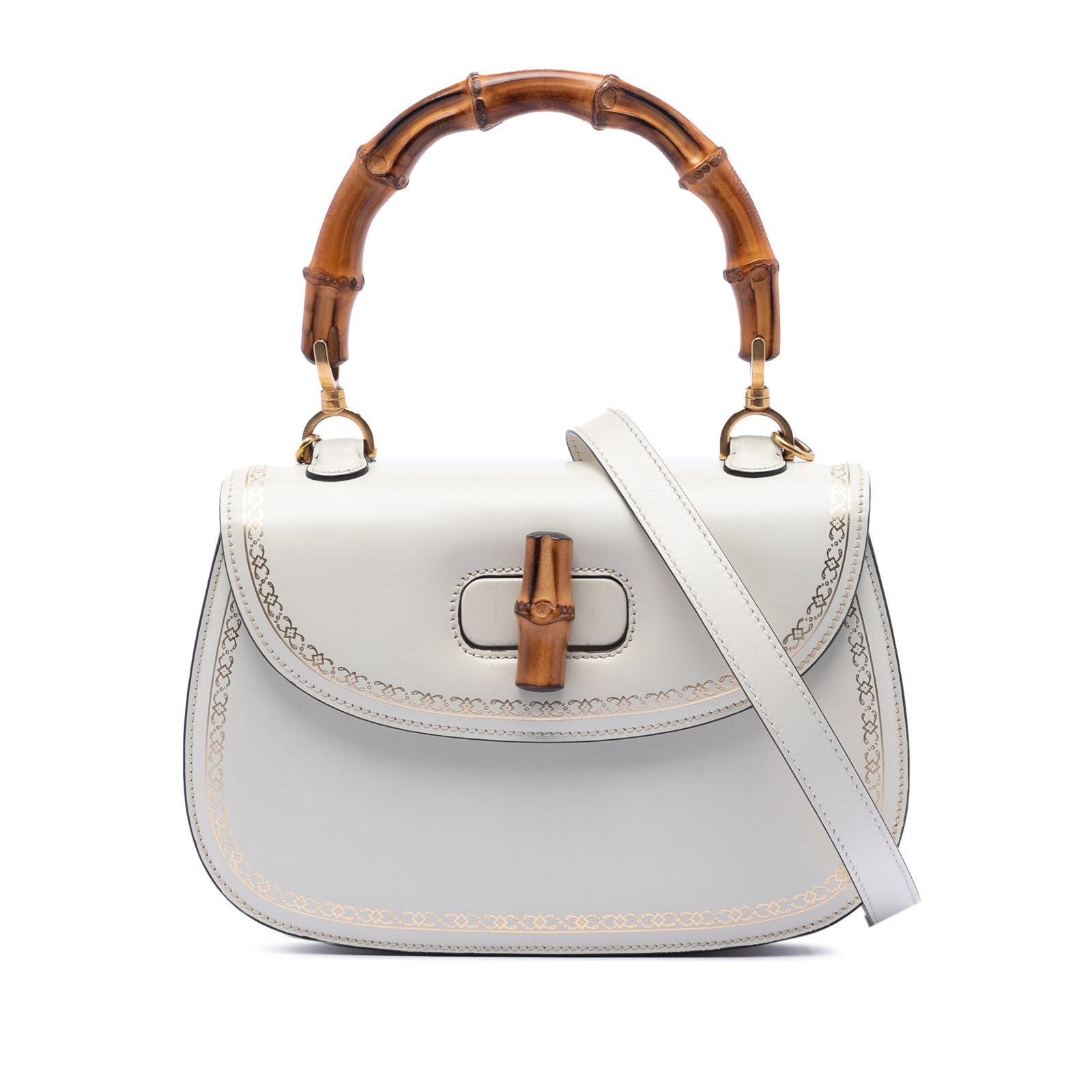 Gucci Bamboo Handle Satchel with Printed Leather and Frame Design: Gucci Bamboo Handle Satchel with Printed Leather and Frame Design This Gucci Calfskin Frame Print Bamboo Top Handle Bag features a printed leather body in white, a distinctive bamboo top handle, and a