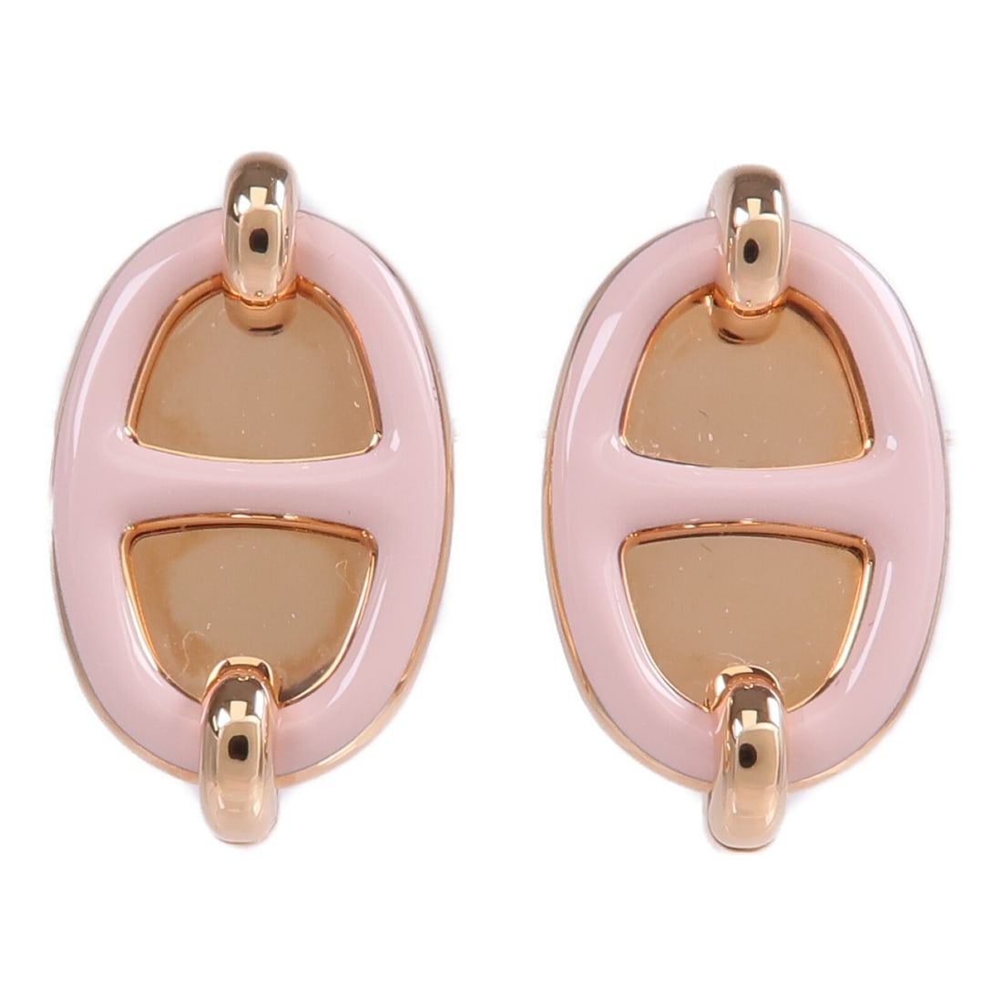 Pink and Gold Mini Maillon Pierced Earrings by Hermes: Pink and Gold Mini Maillon Pierced Earrings by Hermes These Hermes Mini Maillon pierced earrings are crafted in pink and gold-toned metal. Designed for women, they feature a modern, minimalist style w