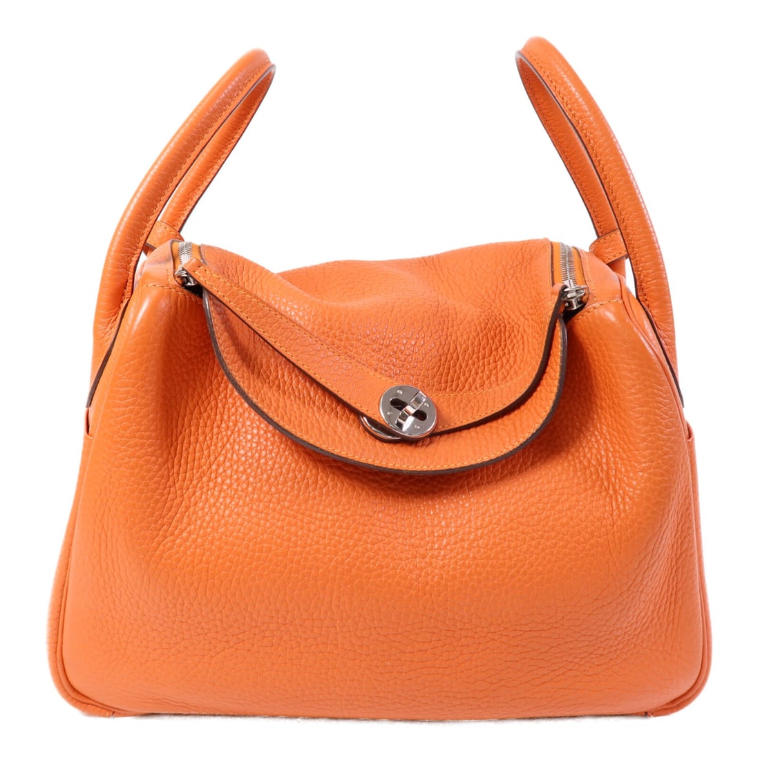 Hermes Lindy 30 Orange Clemence Leather Shoulder Bag Palladium Hardware: Hermes Lindy 30 Orange Clemence Leather Shoulder Bag Palladium Hardware This Hermes Lindy 30 is a versatile 2-way shoulder bag crafted from Clemence calfskin leather in a vibrant orange color. Designe