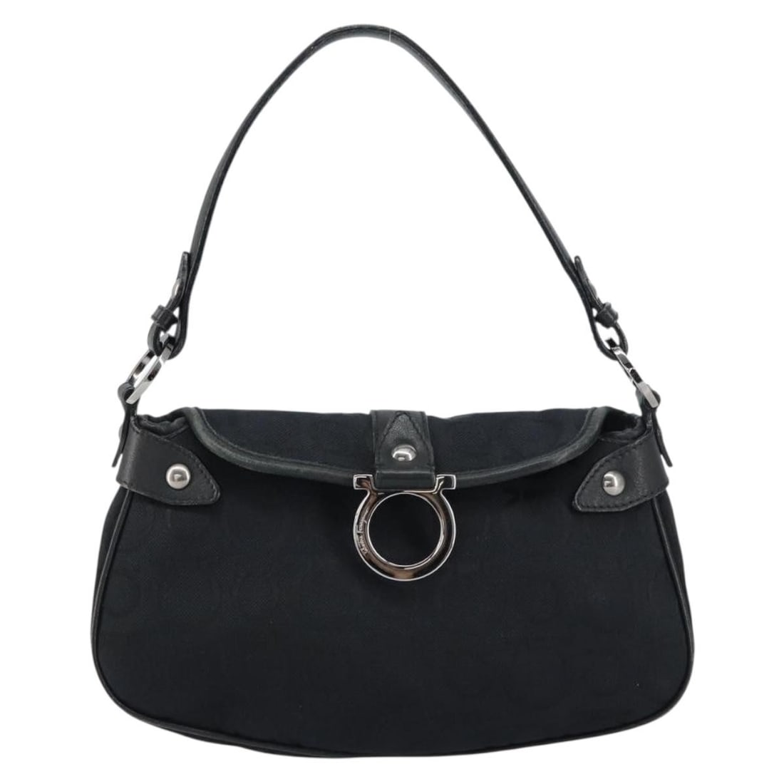 Black Canvas Gancini Shoulder Purse by Salvatore Ferragamo: Black Canvas Gancini Shoulder Purse by Salvatore Ferragamo This Salvatore Ferragamo Gancini shoulder bag features black canvas material and is designed for women. The bag shows signs of surface rubbin