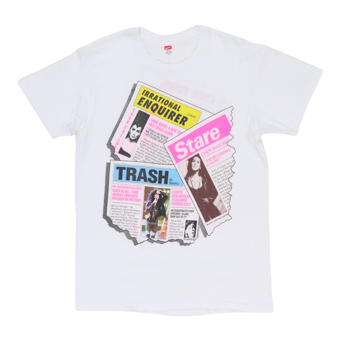 Vintage 1990 Cher Irrational Enquirer Cotton Graphic Shirt White XL: Vintage 1990 Cher Irrational Enquirer Cotton Graphic Shirt White XL This is an original vintage 1990 Cher Irrational Enquirer shirt featuring both front and back graphics. Made from 100% cotton, the s