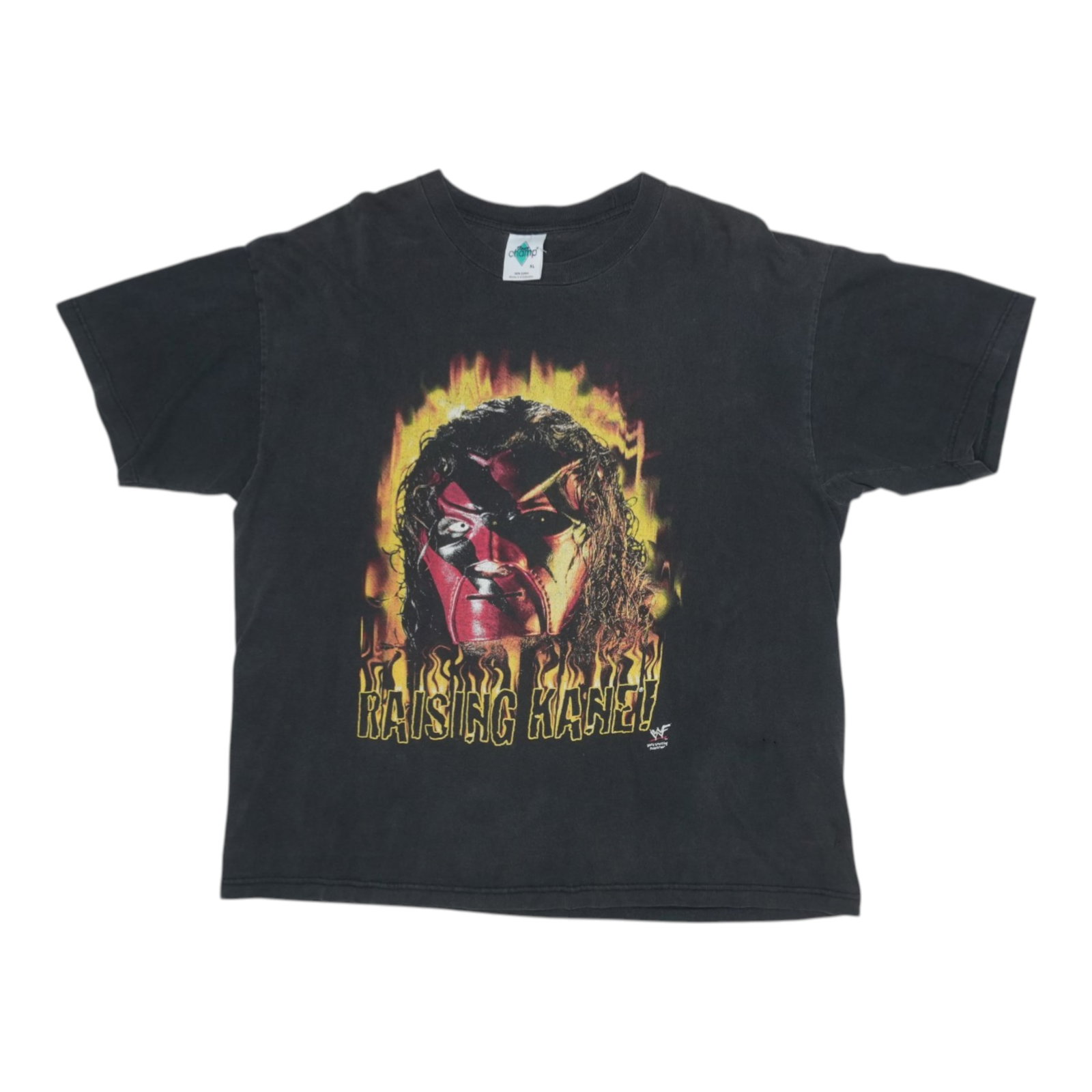 Vintage WWF 1998 Kane Raising Kane Graphic Black Cotton T-Shirt Extra Large: Vintage WWF 1998 Kane Raising Kane Graphic Black Cotton T-Shirt Extra Large This is an original vintage 1998 WWF Kane Raising Kane shirt featuring front and back graphics. Made from 100% cotton, it co