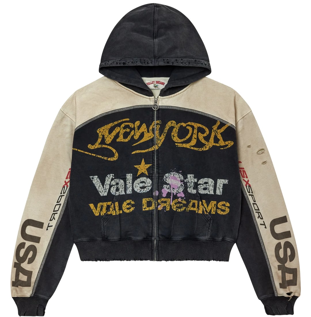 Medium Black Zip Hoodie with White Panels by Vale Star: Medium Black Zip Hoodie with White Panels by Vale Star This Vale Star Black Zip Up Hoodie offers a modern, versatile look with a comfortable fit. Made from a soft and durable fabric blend, it features