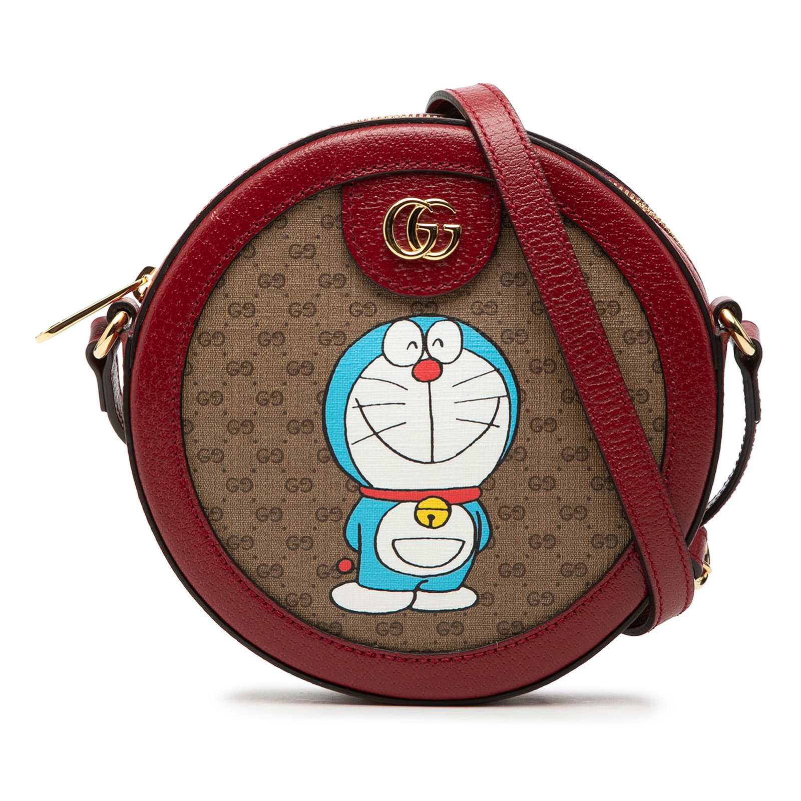 Gucci Doraemon Micro GG Supreme Beige Round Crossbody Bag: Gucci Doraemon Micro GG Supreme Beige Round Crossbody Bag This Gucci Micro GG Supreme Doraemon Round Crossbody features a printed coated canvas body with leather trim, an adjustable flat leather strap