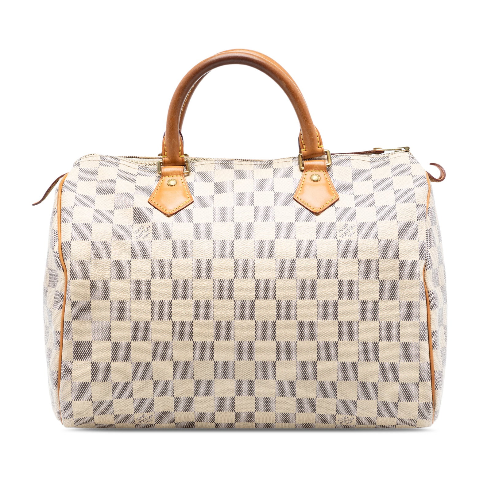 Louis Vuitton Speedy 30 Bag in Damier Azur Canvas With Leather Trim: Louis Vuitton Speedy 30 Bag in Damier Azur Canvas With Leather Trim This Louis Vuitton Speedy 30 handbag features the iconic Damier Azur canvas with vachetta leather trim and rolled vachetta leather h