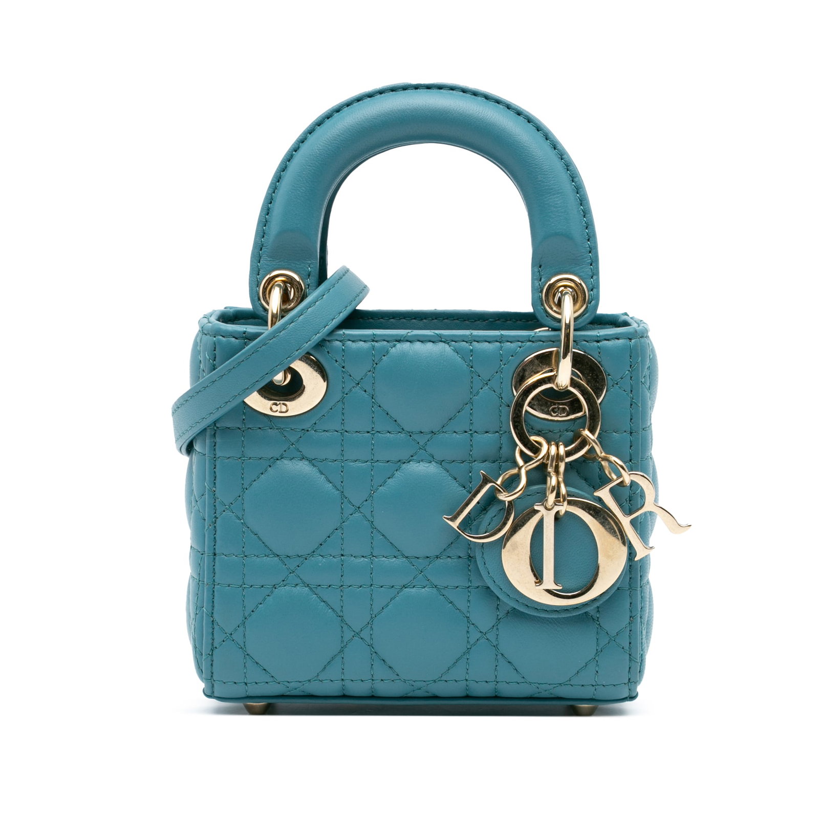 Dior Lady Dior Micro Cannage Blue Quilted Lambskin Shoulder Bag: Dior Lady Dior Micro Cannage Blue Quilted Lambskin Shoulder Bag This Micro Lady Dior handbag showcases a quilted lambskin leather body in blue, featuring flat leather top handles, a detachable flat le