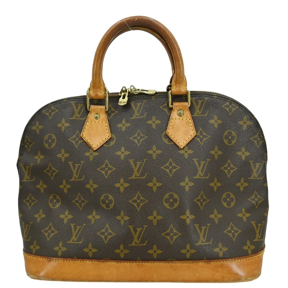 Louis Vuitton Monogram Alma Canvas Handbag M51130 Brown VI1915: Louis Vuitton Monogram Alma Canvas Handbag M51130 Brown VI1915 This vintage Louis Vuitton Alma handbag features the classic Monogram canvas design. The bag has double beige handles and a zip closure, 