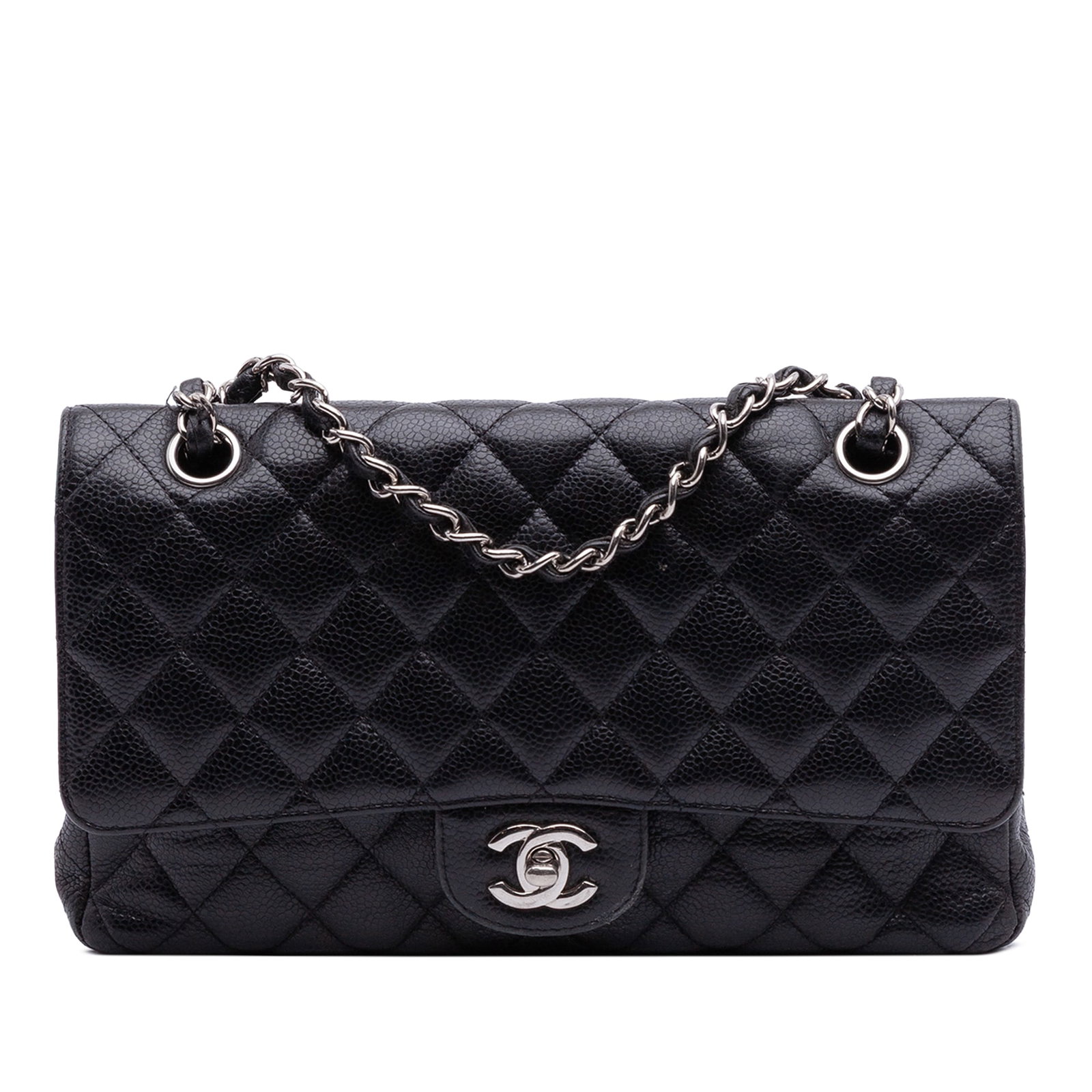 Black Chanel Medium Classic Double Flap Caviar Leather Shoulder Bag: Black Chanel Medium Classic Double Flap Caviar Leather Shoulder Bag This Chanel Medium Classic Caviar Double Flap shoulder bag features a quilted caviar leather body in black, leather-woven chain stra
