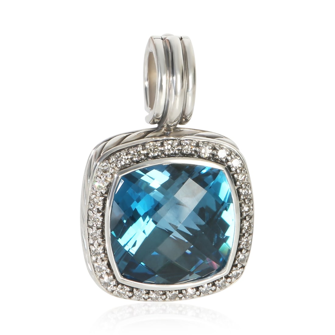 Albion Pendant in Sterling Silver with White Topaz and Diamond Accents: Albion Pendant in Sterling Silver with White Topaz and Diamond Accents This David Yurman Albion pendant is crafted from sterling silver and features a round brilliant white topaz as the main stone, ac