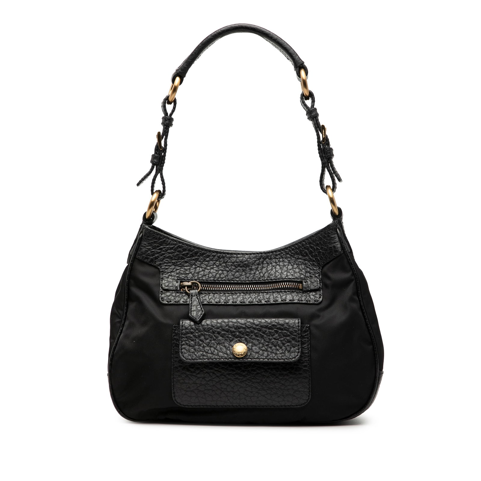Black Tessuto Shoulder Bag with Leather Accents by Prada Vitello Daino: Black Tessuto Shoulder Bag with Leather Accents by Prada Vitello Daino This Prada Vitello Daino Trimmed Tessuto Shoulder Bag features a black nylon body accented with leather trim and a leather strap.