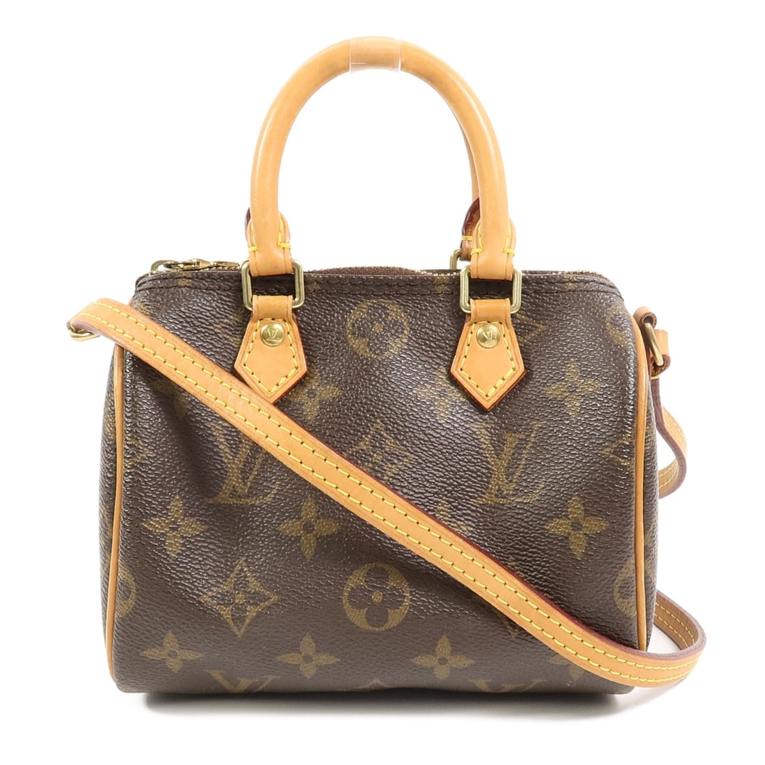 Louis Vuitton Nano Speedy Monogram Brown GHW 2 Way Shoulder Bag: Louis Vuitton Nano Speedy Monogram Brown GHW 2 Way Shoulder Bag This Louis Vuitton Nano Speedy 2-way shoulder bag features the iconic brown monogram design and is crafted from durable PVC coated canva