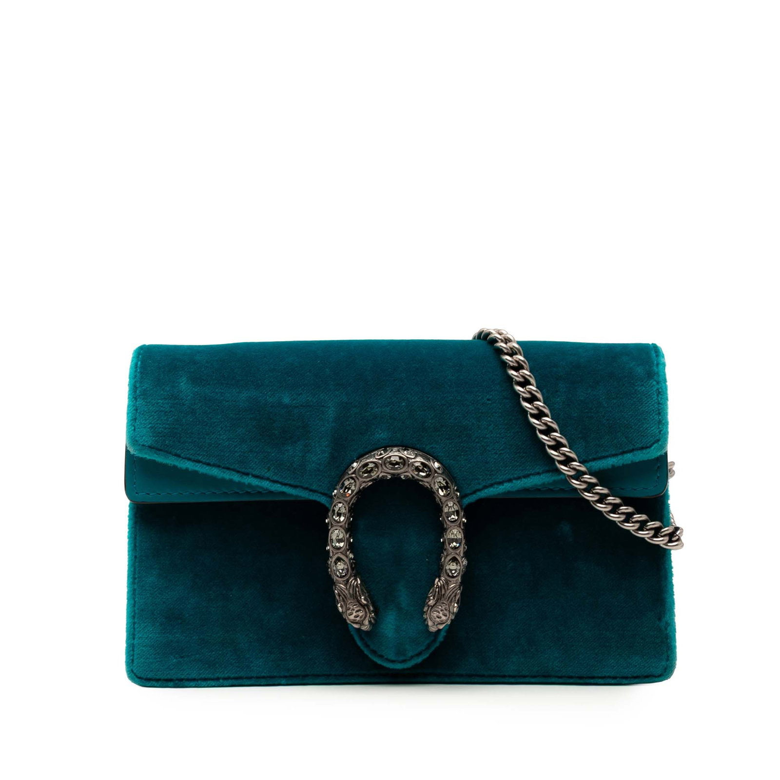 Blue Velvet Gucci Dionysus Mini Crossbody Bag with Chain Strap: Blue Velvet Gucci Dionysus Mini Crossbody Bag with Chain Strap This Gucci Mini Velvet Dionysus Crossbody features a blue velvet body with leather trim and a silver-tone curb chain link strap. The bag 