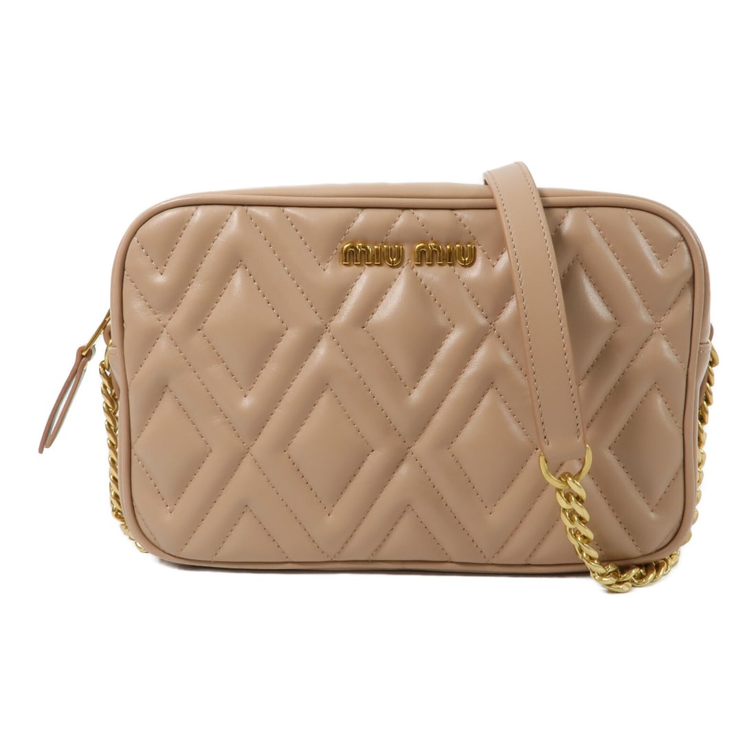 Miu Miu Quilted Calfskin Camera Shoulder Bag GHW 5BH133: Miu Miu Quilted Calfskin Camera Shoulder Bag GHW 5BH133 This Miu Miu shoulder bag features a soft calfskin leather exterior in beige, accented with gold-tone hardware and a quilted design. The compact