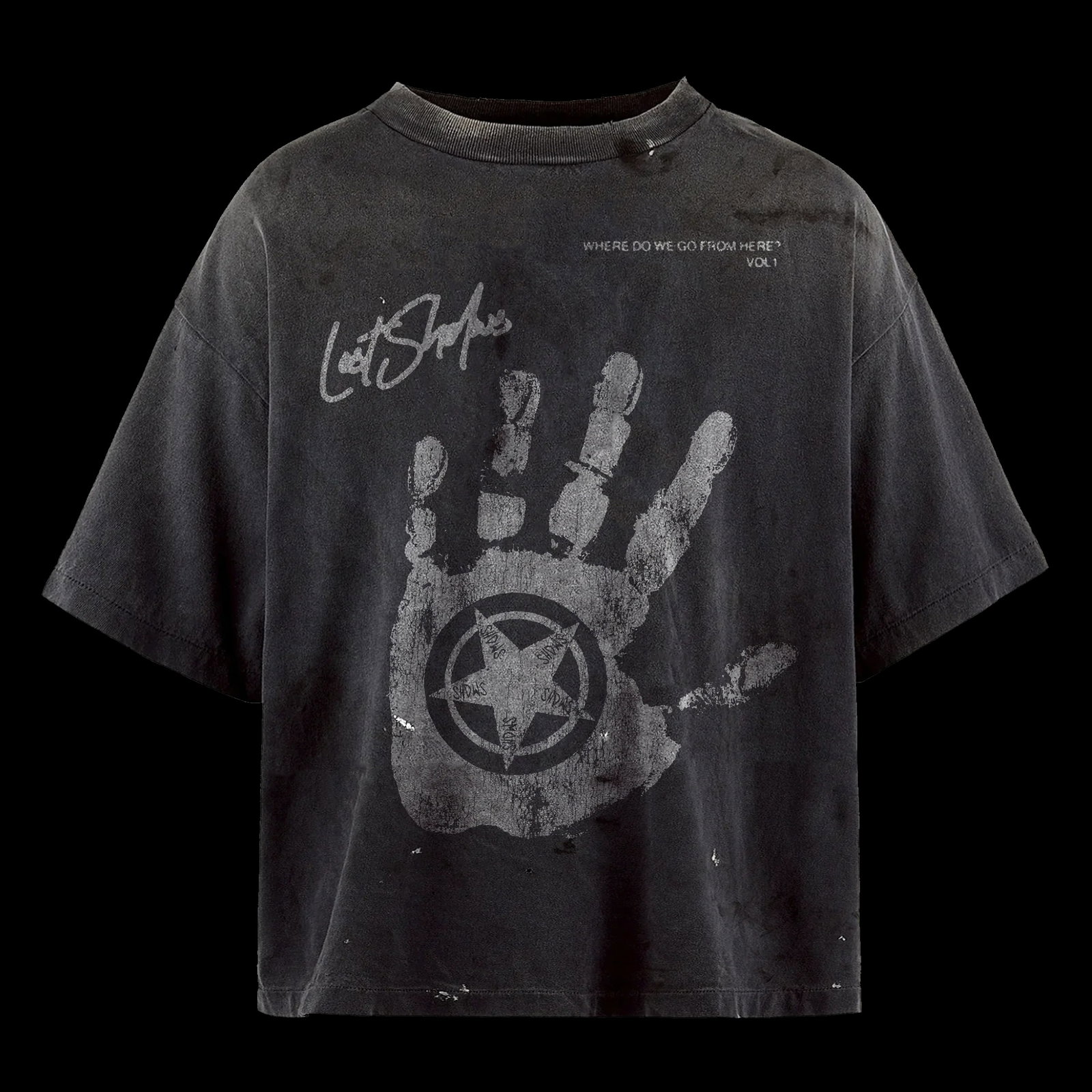 Distressed Washed Black T-Shirt with Handprint and Star Graphic by Lost Shdws: Distressed Washed Black T-Shirt with Handprint and Star Graphic by Lost Shdws This washed black tee features a distressed handprint graphic combined with a star emblem on the front, with cryptic text 