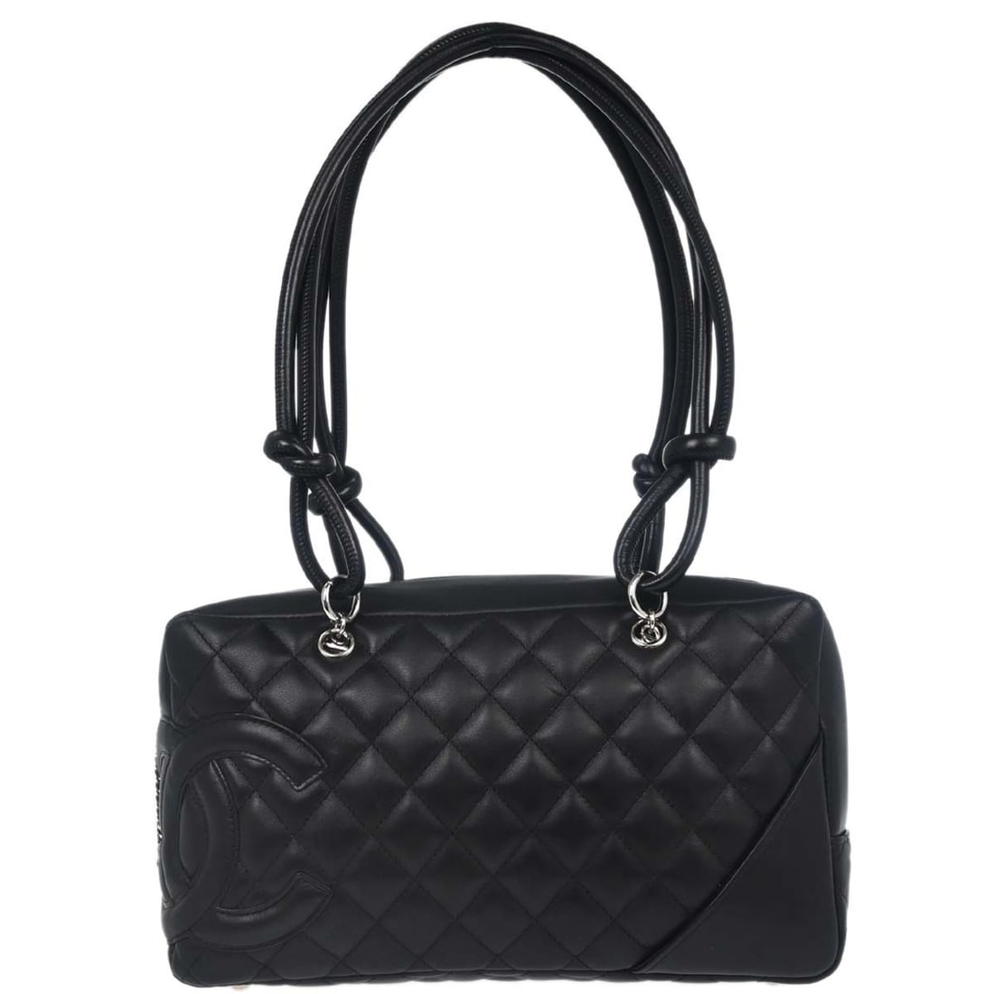 Chanel Cambon Ligne Quilted Black Calfskin Medium Bowling Bag: Chanel Cambon Ligne Quilted Black Calfskin Medium Bowling Bag This Chanel Cambon Ligne Bowling Bag features black calfskin leather with quilted matelasse pattern and logo accents. The bag offers doubl
