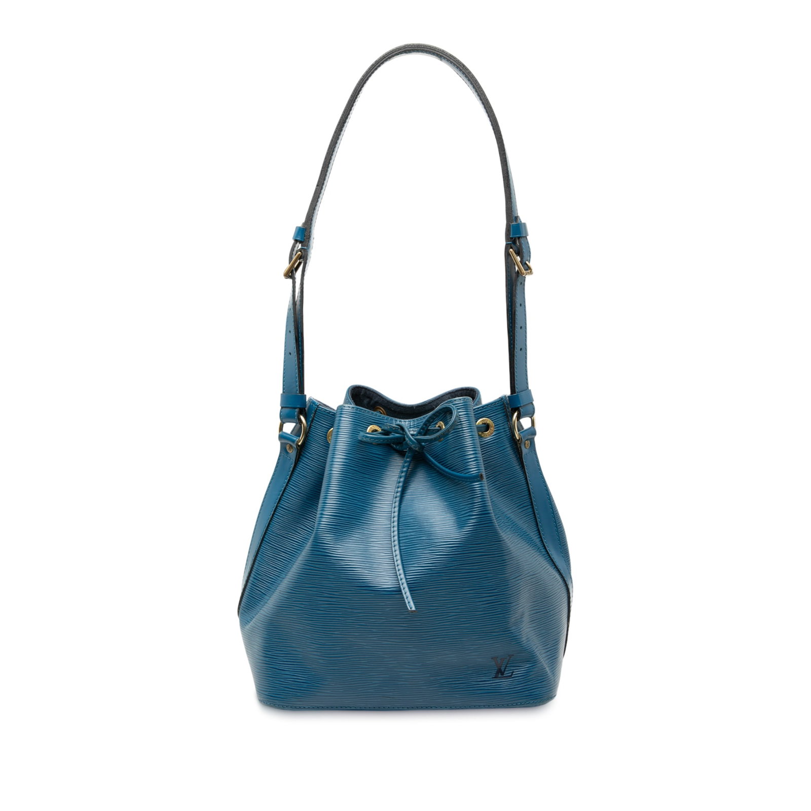 Louis Vuitton Petit Noe Blue Epi Leather Shoulder Bag with Drawstring: Louis Vuitton Petit Noe Blue Epi Leather Shoulder Bag with Drawstring This Louis Vuitton Epi Petit Noe bag features a blue epi leather body, an adjustable flat leather shoulder strap, and a drawstring
