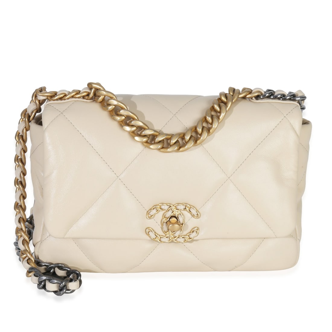 Chanel 19 Medium Beige Quilted Lambskin Shoulder and Top Handle Bag: Chanel 19 Medium Beige Quilted Lambskin Shoulder and Top Handle Bag This Chanel Medium 19 Flap Bag features elegant beige quilted lambskin leather, accented with gold-tone hardware. The bag offers ver