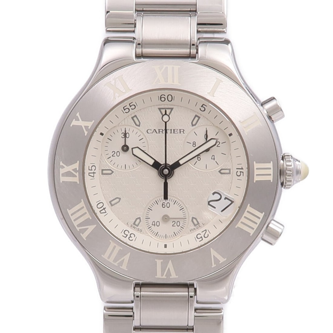 Cartier Must 21 Chronoscaph Quartz Stainless Steel Mens Watch White Dial: Cartier Must 21 Chronoscaph Quartz Stainless Steel Mens Watch White Dial This Cartier Must 21 Chronoscaph W10184U2 wristwatch features a stainless steel case and band with a white dial. Designed for m