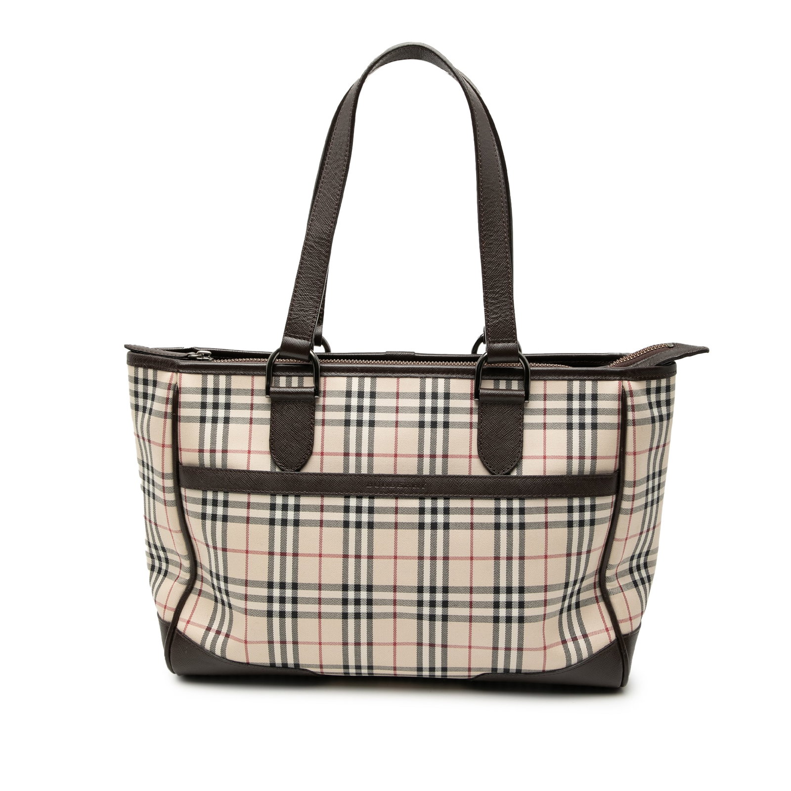 Burberry Beige Canvas Tote with Leather Trim and House Check Pattern: Burberry Beige Canvas Tote with Leather Trim and House Check Pattern This Burberry House Check Canvas Tote features a canvas body with leather trim, flat leather handles, a top zip closure, exterior s