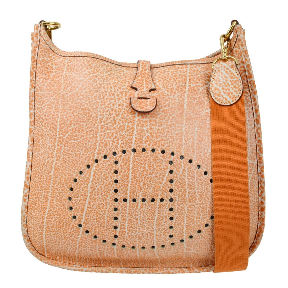 Hermes Evelyne PM Orange Dalmatian Leather Medium Shoulder Bag: Hermes Evelyne PM Orange Dalmatian Leather Medium Shoulder Bag This Hermes Evelyne Gen I shoulder bag features an orange Dalmatian exterior and leather lining. Designed in a medium size, it includes a