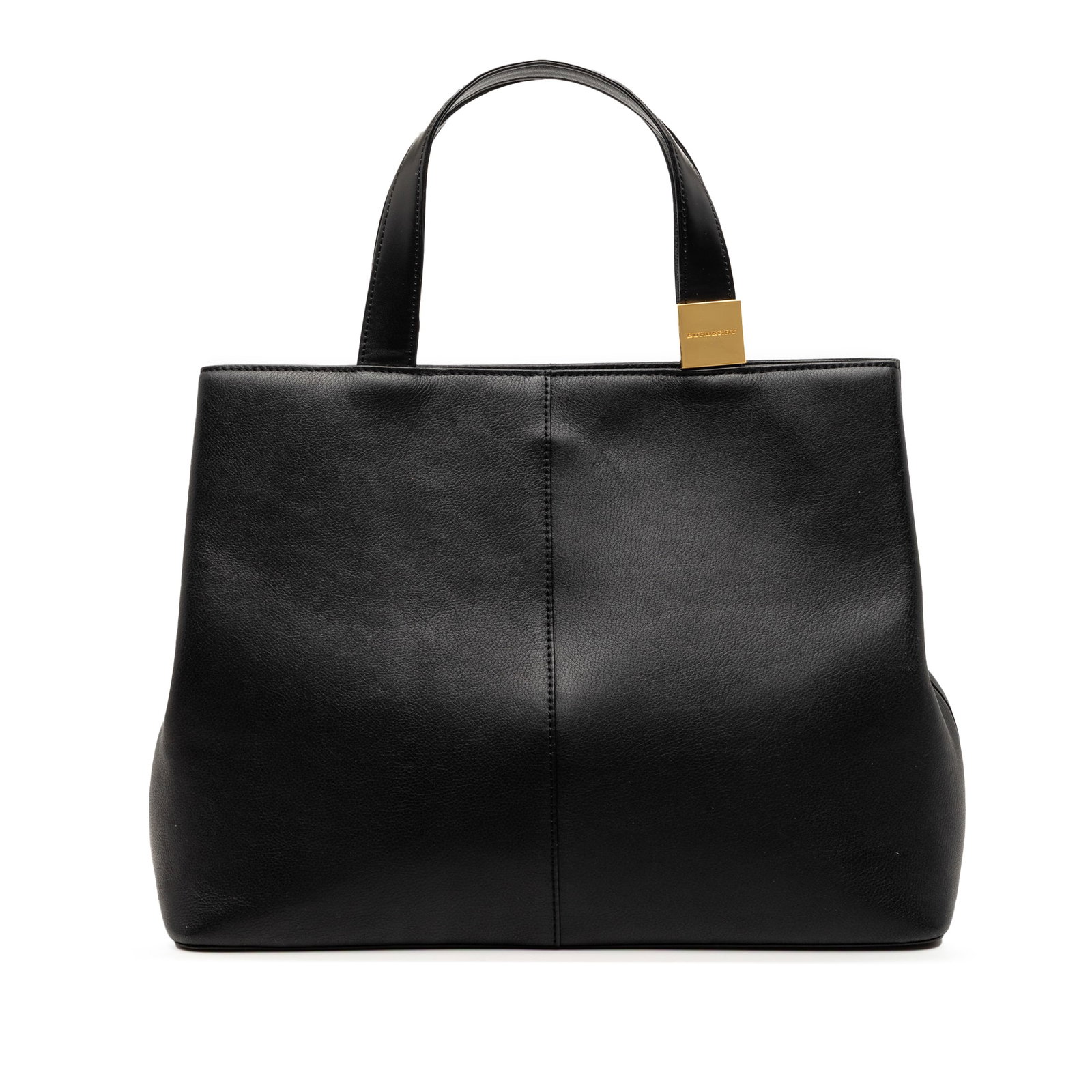 Black Leather Tote Bag by Burberry with Magnetic Snap Closure: Black Leather Tote Bag by Burberry with Magnetic Snap Closure This Burberry tote features a black leather body with flat leather handles, an open top with a magnetic snap closure, a top zip compartmen