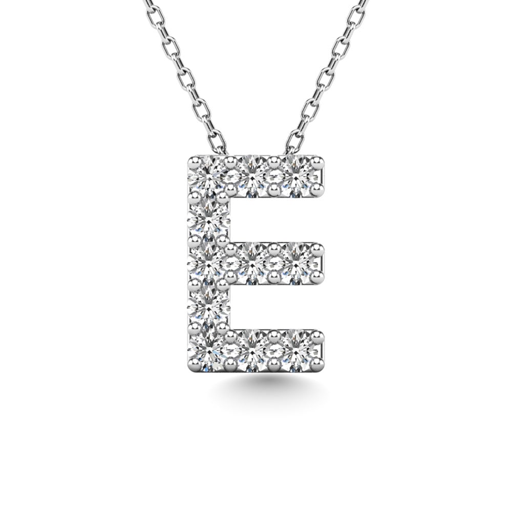 Diamond 1/10 Ct.Tw. Letter E Pendant in 14K White Gold: Diamond 1/10 Ct.Tw. Letter E Pendant in 14K White Gold 14k White Gold Stone Color: G-h Stone Clarity: I1 Unless otherwise specified, pendants that include a chain are paired with our standard 18-inch 