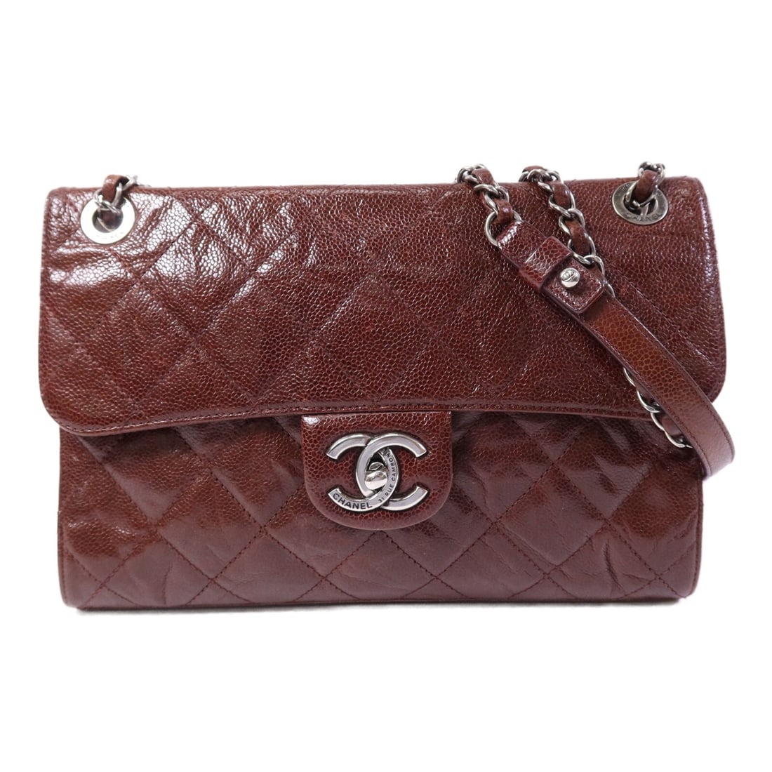Red Calfskin Leather Shoulder Bag by CHANEL with Silver Chain: Red Calfskin Leather Shoulder Bag by CHANEL with Silver Chain This CHANEL CC shoulder bag features a red calfskin leather exterior and silver-tone hardware. Designed for women, it is crafted in France
