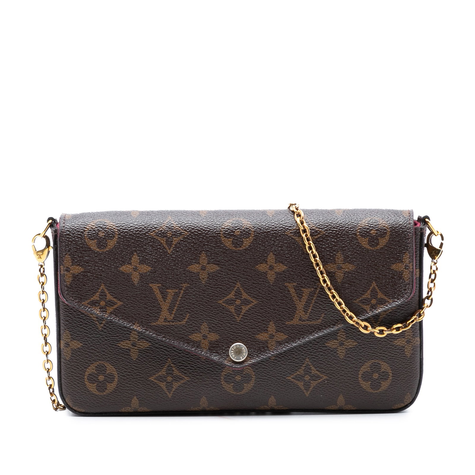 Louis Vuitton Felicie Monogram Canvas Crossbody Bag with Chain Strap: Louis Vuitton Felicie Monogram Canvas Crossbody Bag with Chain Strap The Louis Vuitton Monogram Pochette Felicie is a crossbody bag crafted from signature monogram canvas. It features a detachable gol