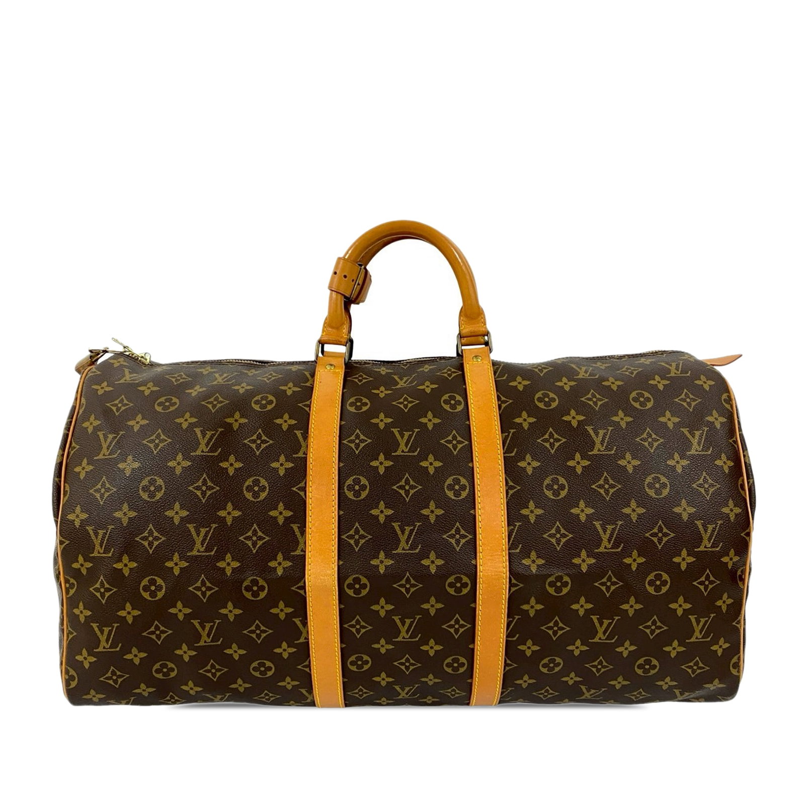 Louis Vuitton Keepall 55 Monogram Canvas Travel Bag with Vachetta Leather Trim: Louis Vuitton Keepall 55 Monogram Canvas Travel Bag with Vachetta Leather Trim This Louis Vuitton Keepall 55 travel bag features the classic monogram canvas body with vachetta leather trim and rolled 