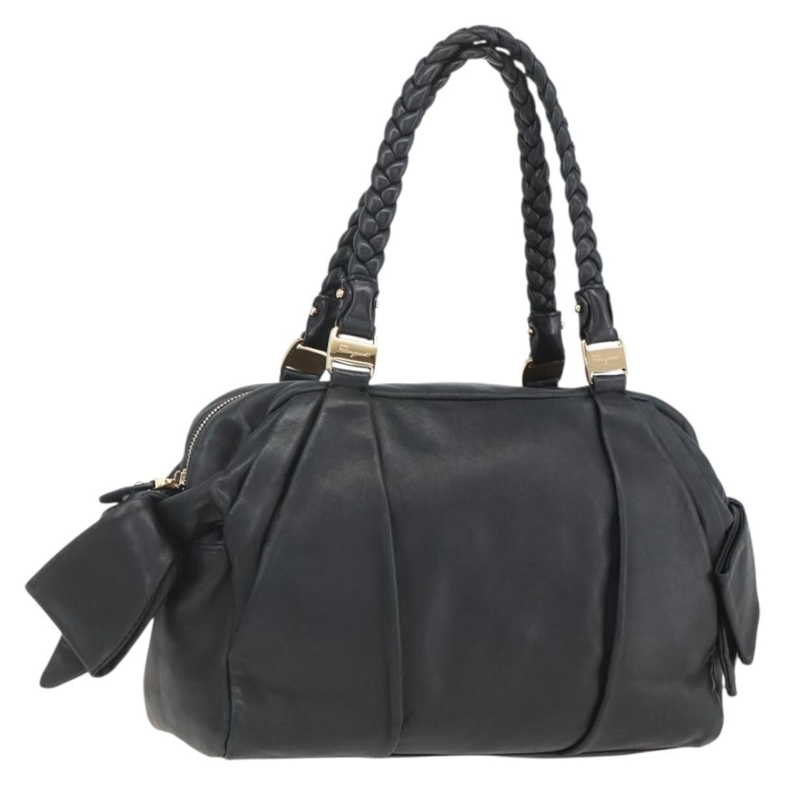Salvatore Ferragamo Black Gold Leather Semi Shoulder Bag Auth 148535V: Salvatore Ferragamo Black Gold Leather Semi Shoulder Bag Auth 148535V The Salvatore Ferragamo Semi Shoulder Bag is a stylish and elegant accessory crafted from high-quality black leather with gold acc