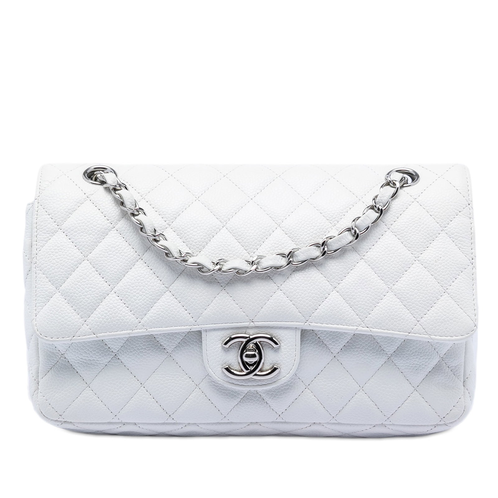 Chanel White Caviar Leather Medium Double Flap Shoulder Bag with Silver Chain: Chanel White Caviar Leather Medium Double Flap Shoulder Bag with Silver Chain This Chanel Medium Classic Caviar Double Flap shoulder bag features a quilted caviar leather body in white with silver-ton