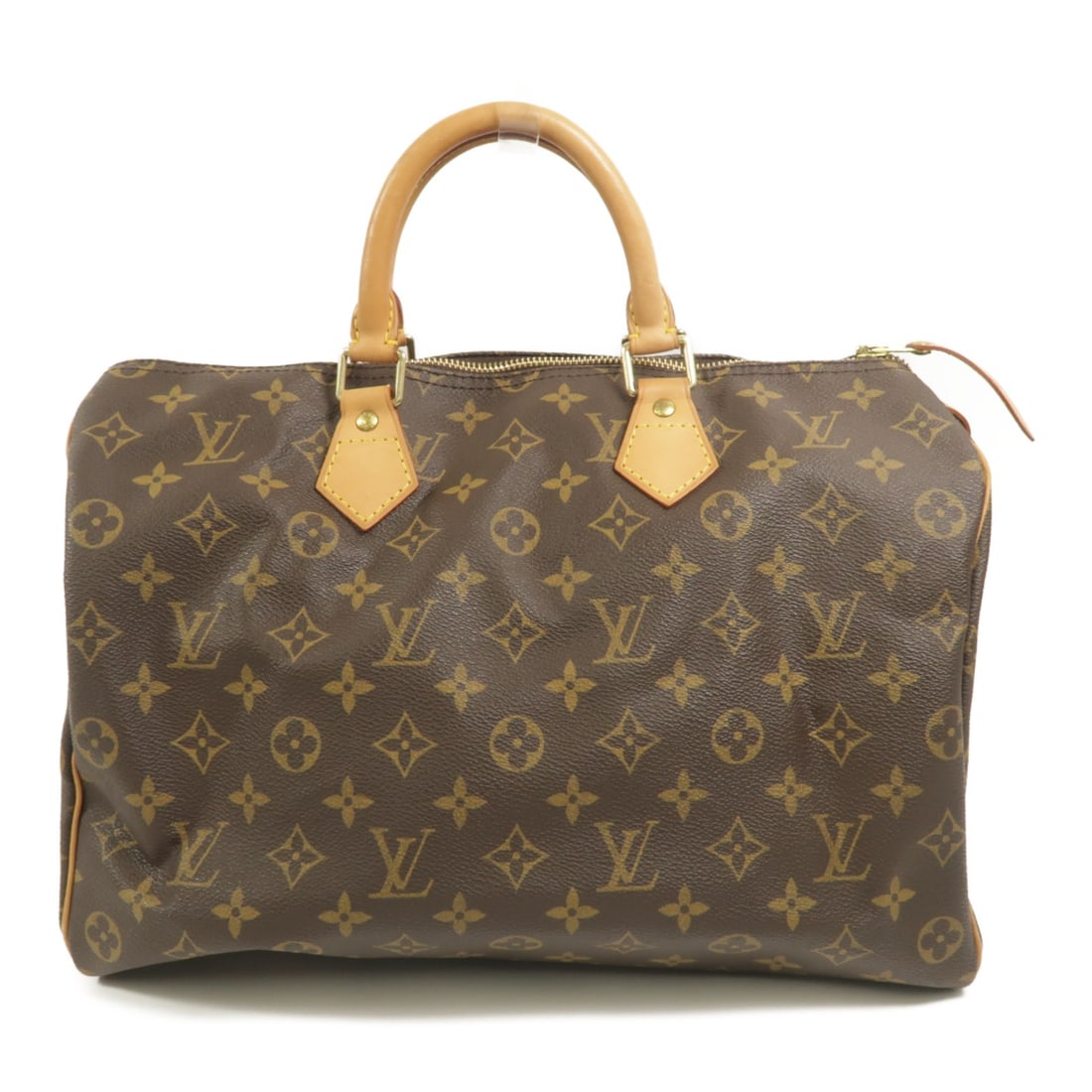 Louis Vuitton Speedy 35 Monogram Brown PVC Coated Canvas Handbag: Louis Vuitton Speedy 35 Monogram Brown PVC Coated Canvas Handbag This Louis Vuitton Speedy 35 handbag features the classic monogram pattern on durable PVC coated canvas in brown. The bag is designed w