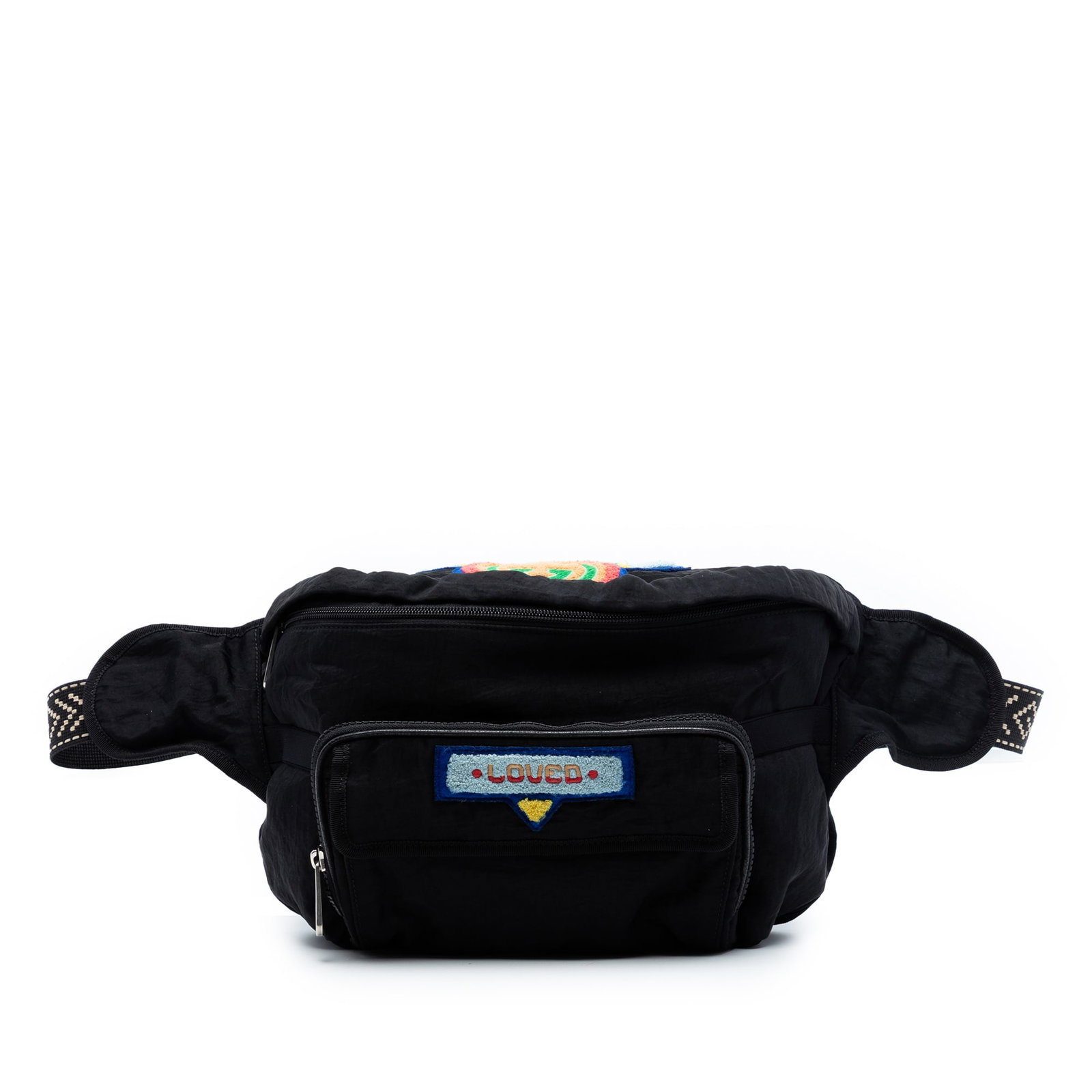 Gucci 80s Patch Black Nylon Convertible Waist and Belt Bag: Gucci 80s Patch Black Nylon Convertible Waist and Belt Bag This convertible belt bag features a black nylon body with a flat waist strap and detachable back straps, offering versatile carrying options