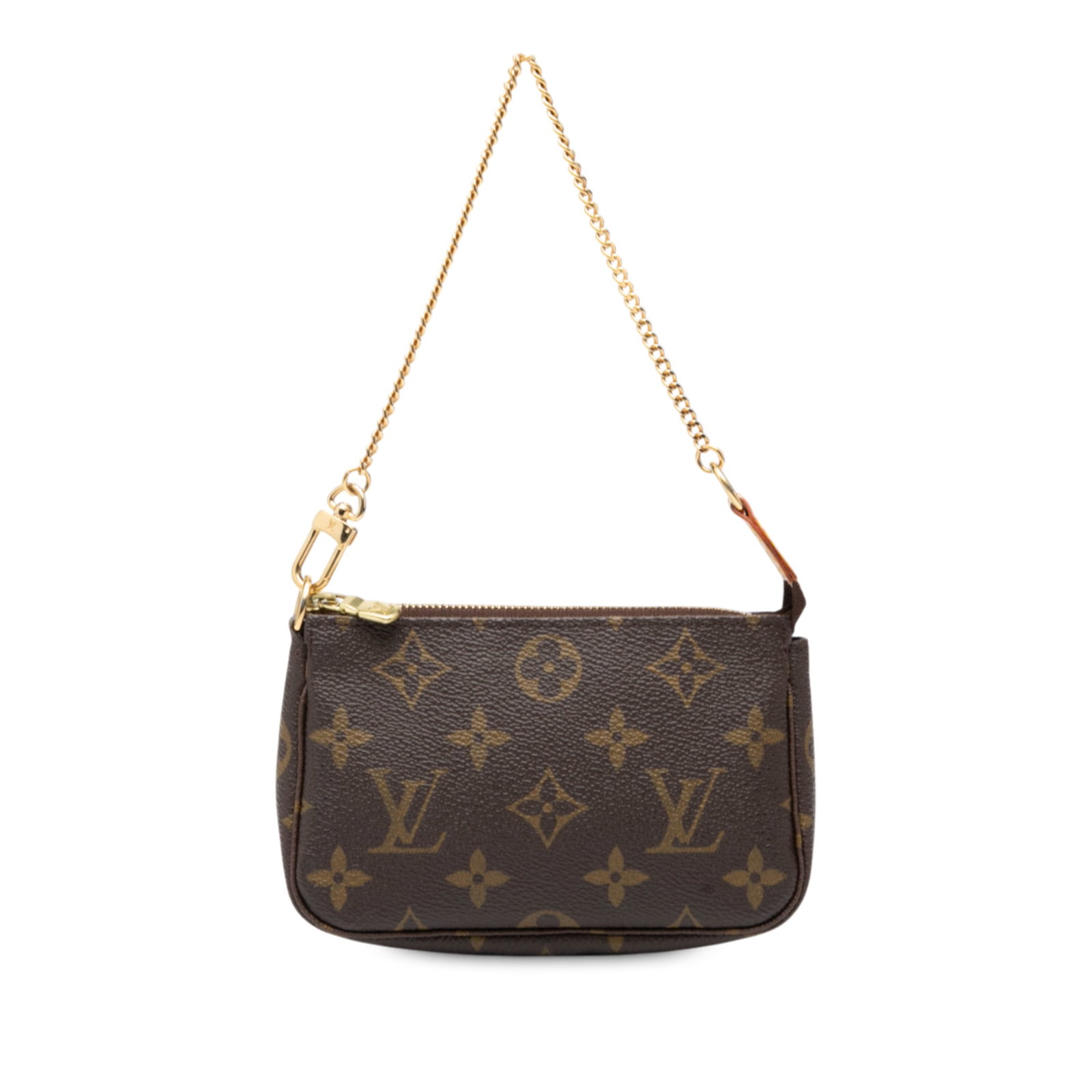 Louis Vuitton Mini Monogram Canvas Pouch with Gold Tone Chain: Louis Vuitton Mini Monogram Canvas Pouch with Gold Tone Chain This Louis Vuitton Mini Pochette Accessoires features the iconic monogram canvas in brown, complemented by a gold-tone chain handle and a 