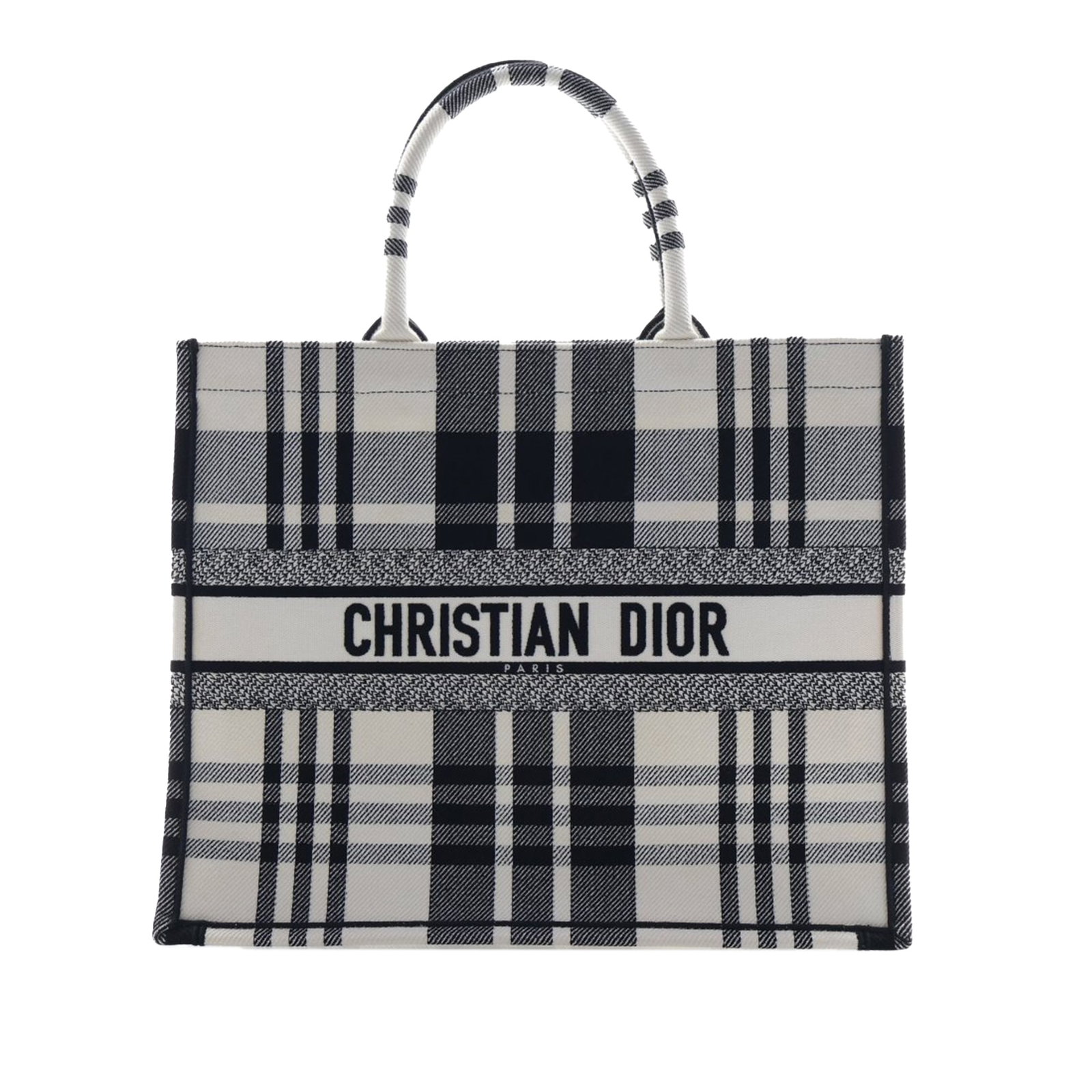 Dior Large Book Tote White Embroidered Canvas Check Pattern Handbag: Dior Large Book Tote White Embroidered Canvas Check Pattern Handbag This Dior Book Tote features a large, embroidered canvas body in a check pattern with rolled top handles and an open top design. The