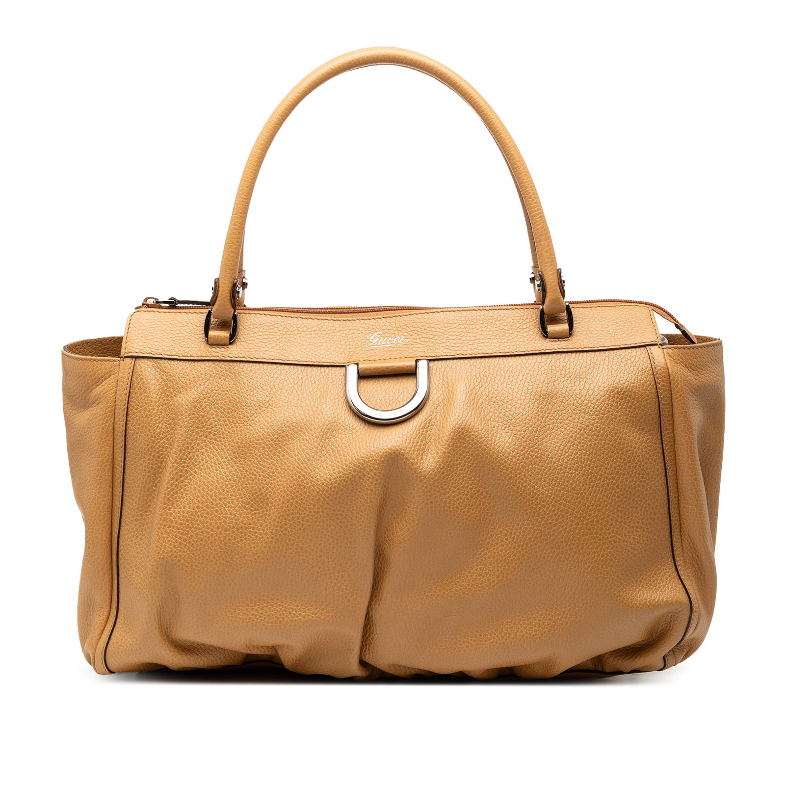 Gucci Abbey D Ring Brown Leather Tote Bag: Gucci Abbey D Ring Brown Leather Tote Bag This Gucci Calfskin Abbey D Ring Tote features a brown leather exterior with rolled leather handles, a top zip closure, and D ring detailing. The interior is 