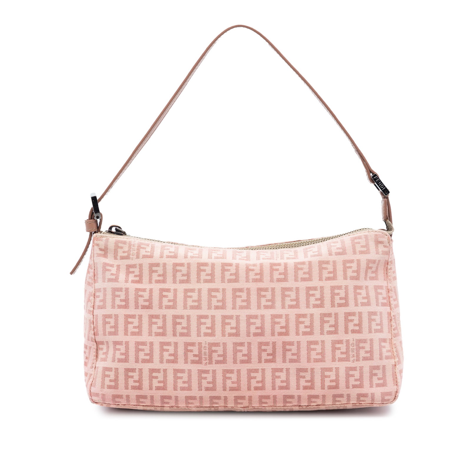 Pink Fendi Zucchino Shoulder Bag with Adjustable Leather Strap: Pink Fendi Zucchino Shoulder Bag with Adjustable Leather Strap This Fendi Zucchino Canvas Pochette is a shoulder bag crafted in pink fabric with the signature Zucchino pattern. It features an adjustab
