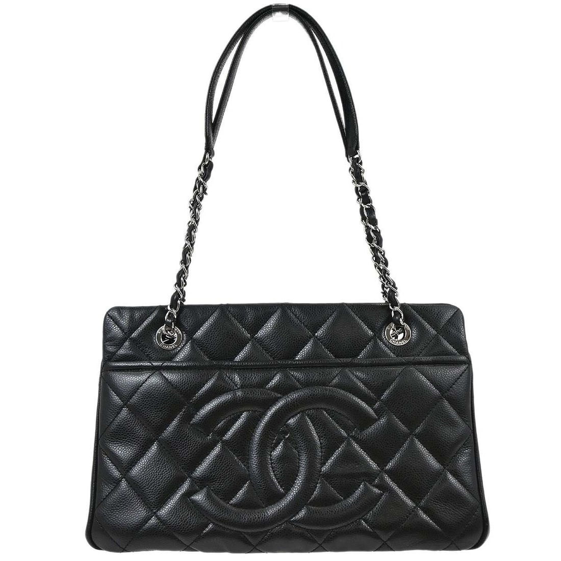 Chanel Timeless CC Caviar Leather Black Tote with Double Handles: Chanel Timeless CC Caviar Leather Black Tote with Double Handles This Chanel Timeless CC Chain Tote Bag is crafted from black caviar skin leather and features the iconic CC logo accent. Designed with 