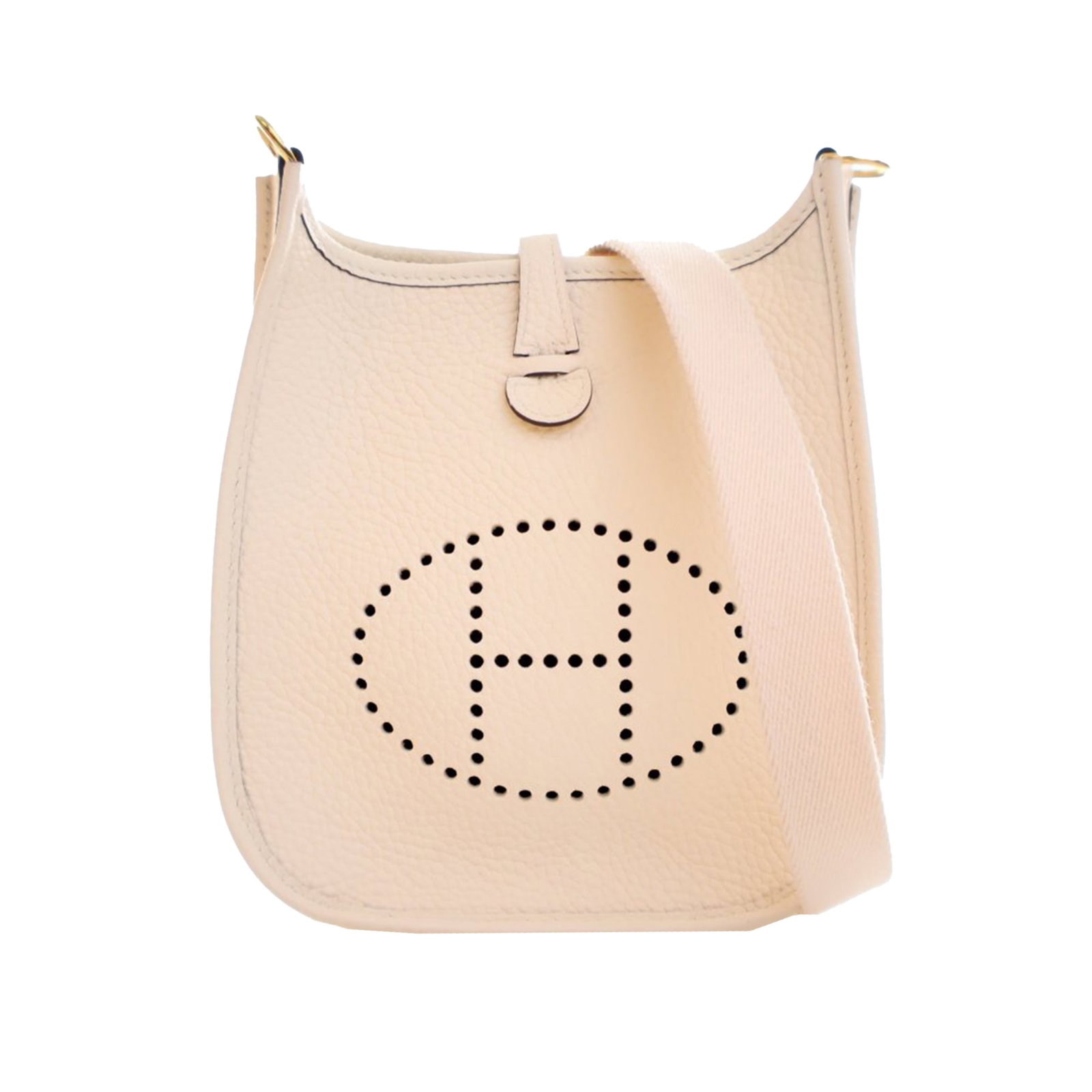 Hermes Evelyne TPM Nata Clemence Leather Shoulder Bag with Dust Bag and Box: Hermes Evelyne TPM Nata Clemence Leather Shoulder Bag with Dust Bag and Box This Hermes Evelyne TPM bag is crafted from Clemence leather in Nata color and features a flat canvas strap. It has an open 