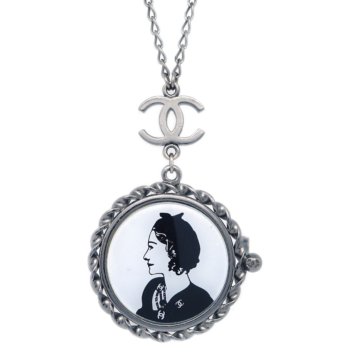 Chanel Mademoiselle Logo Pendant Necklace Silver Charm 03P: Chanel Mademoiselle Logo Pendant Necklace Silver Charm 03P Elevate your accessory collection with the Chanel Mademoiselle Chain Pendant Necklace. This stunning necklace features a logo-shaped pendant 