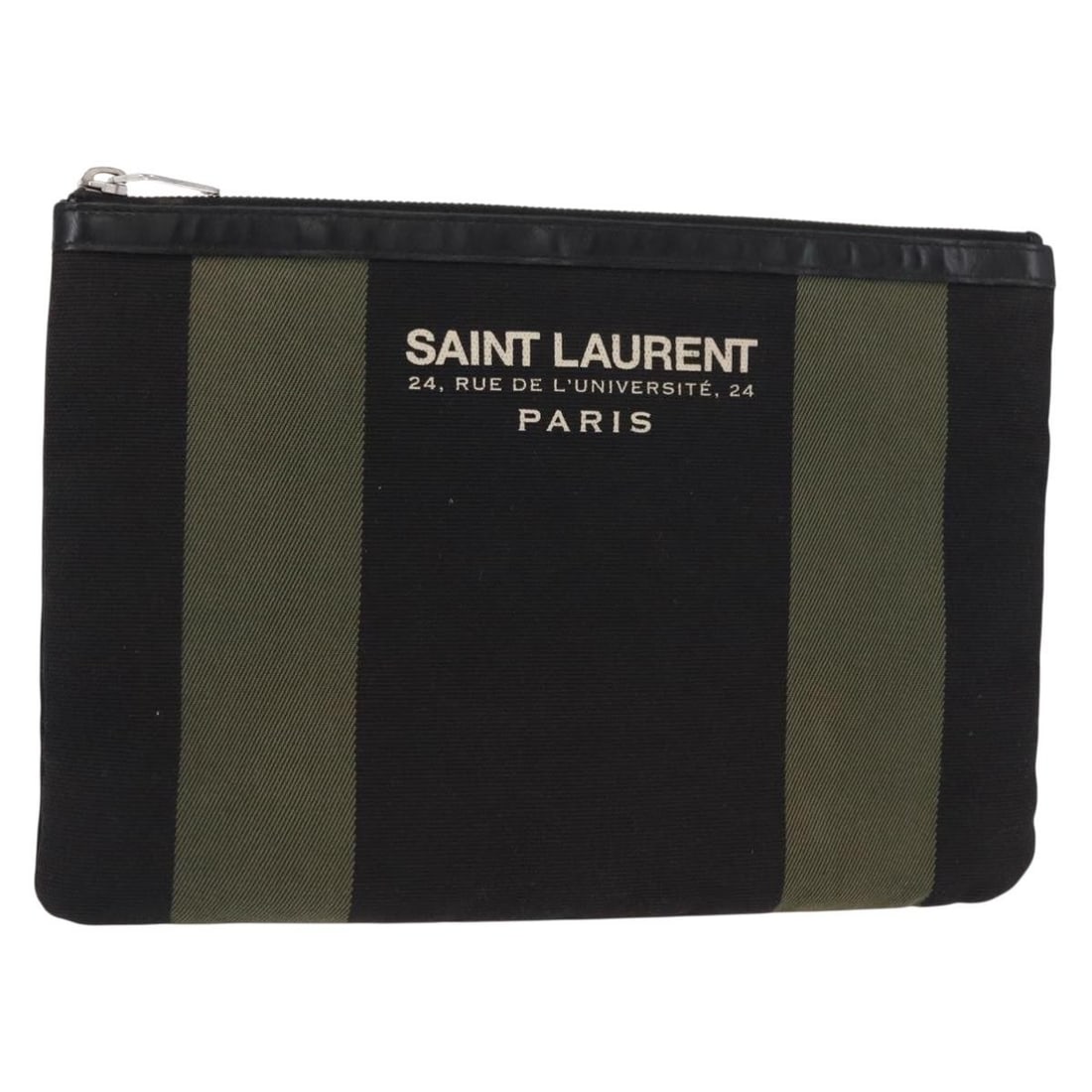 Saint Laurent Khaki Canvas Clutch Beach Zip Pouch 30x20x1cm: Saint Laurent Khaki Canvas Clutch Beach Zip Pouch 30x20x1cm This Saint Laurent Beach Zip Pouch is crafted from khaki canvas and designed for women. It features a zip closure and presents a compact siz