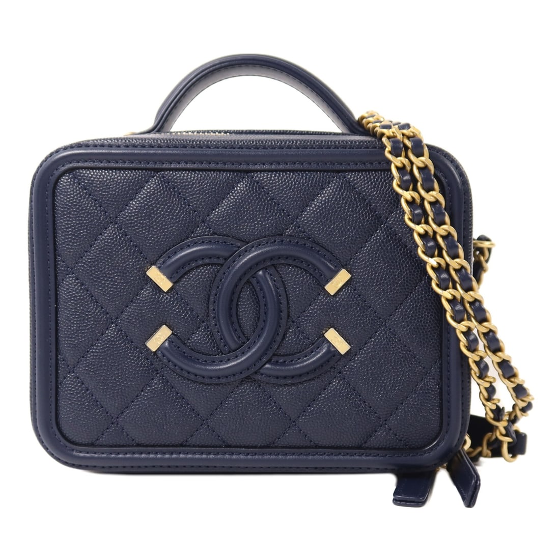 Blue Calfskin Chanel Vanity Chain Shoulder Bag with Gold Tone Hardware: Blue Calfskin Chanel Vanity Chain Shoulder Bag with Gold Tone Hardware This CHANEL CC Vanity 2-way chain shoulder bag features a stylish and versatile design crafted from blue calfskin leather. The ba