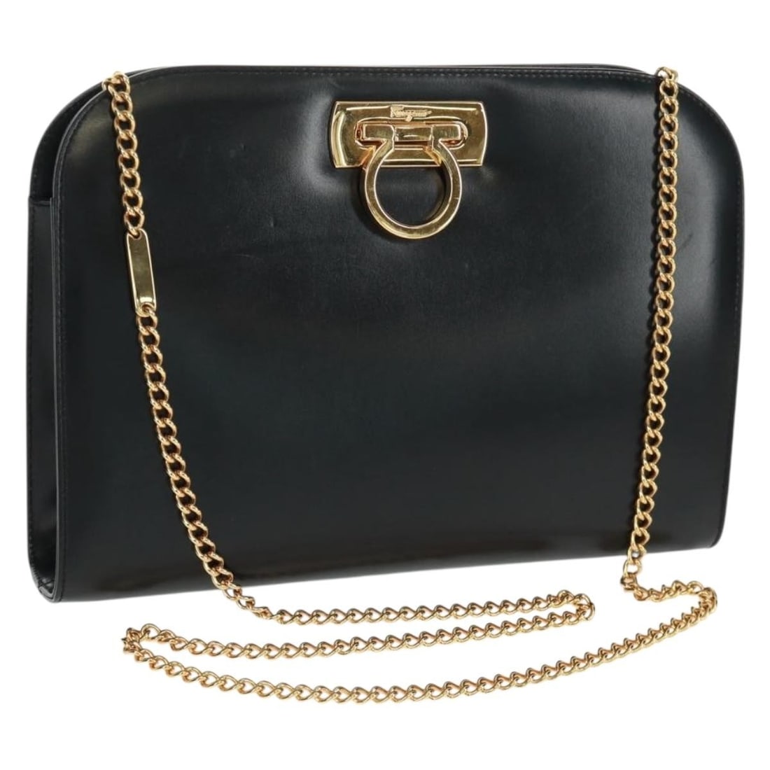 Black Leather Gancini Shoulder Bag by Salvatore Ferragamo with Chain Strap: Black Leather Gancini Shoulder Bag by Salvatore Ferragamo with Chain Strap This Salvatore Ferragamo Gancini chain shoulder bag is crafted from black leather with gold-tone accents. The bag features a 